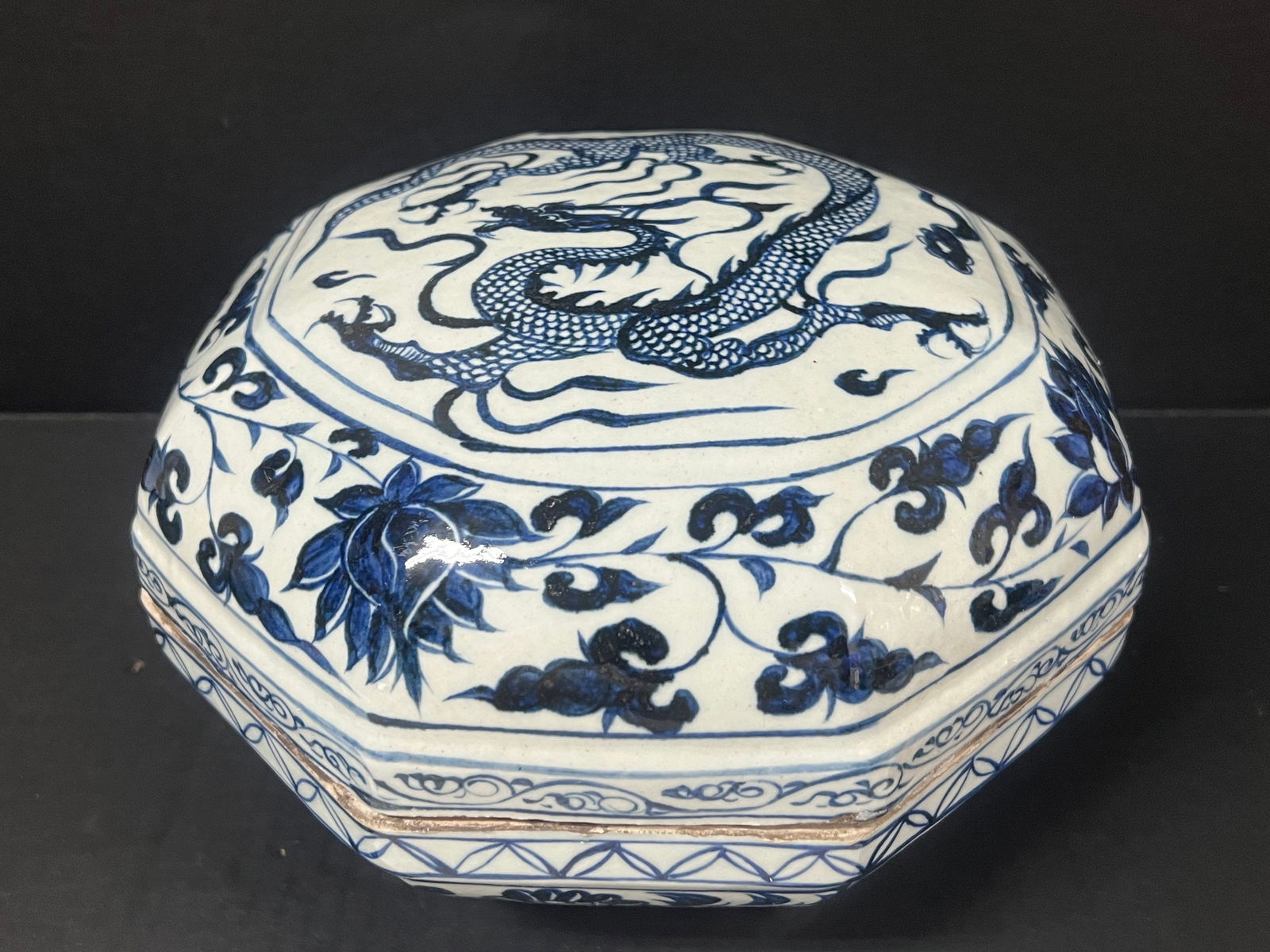 Porcelain Blue and White Large Lidded Box: Chinese Art Porcelain Blue and White Large Lidded Box. The dimension is 6.5 inches high x 10 inches wide. Please be aware that some of the items are vintage, secondhand, old ages, antiques and may