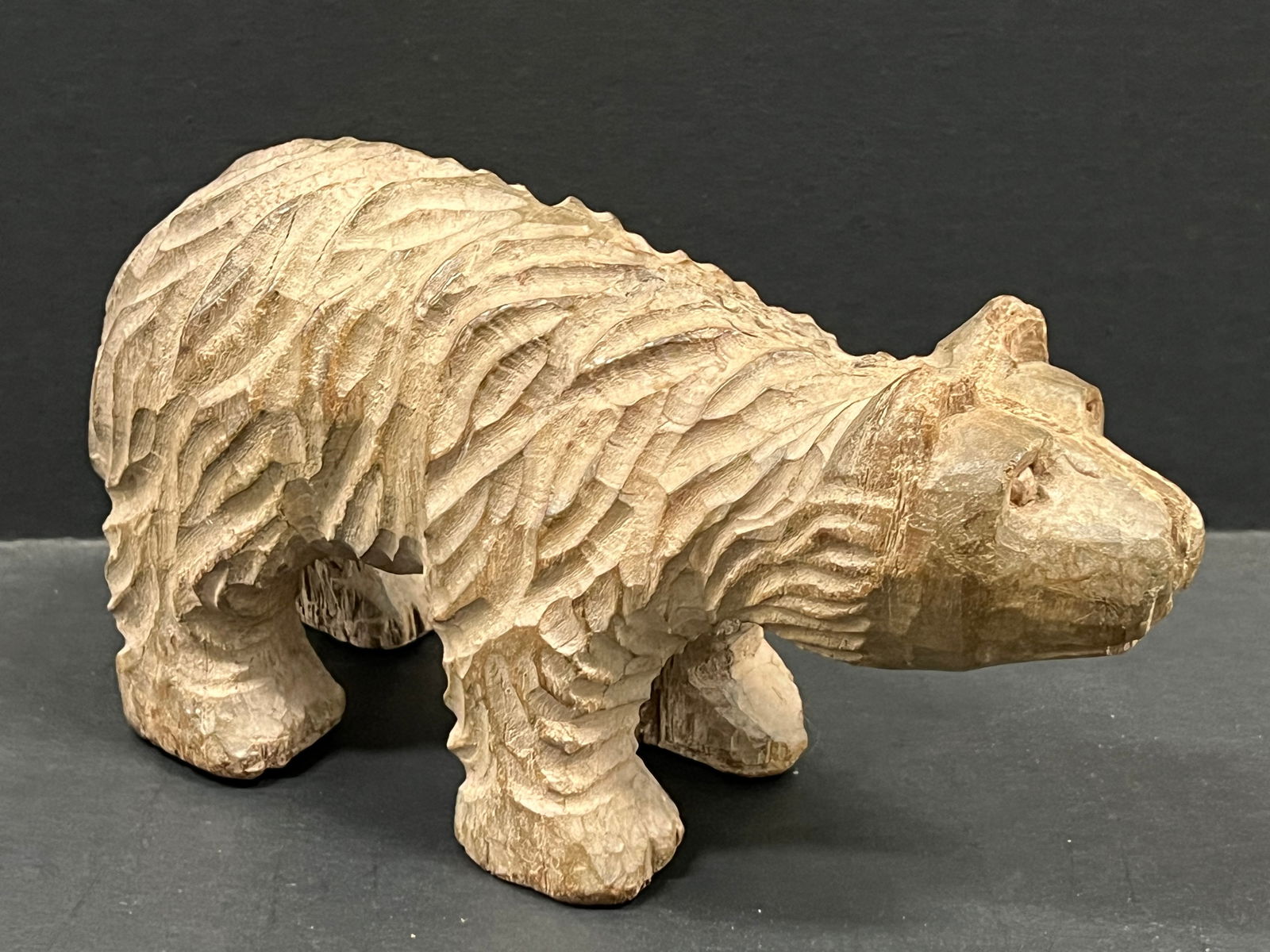 Carved Wood Bear Sculpture: Folk Art Carved Wood Papermache Mold of Bear Sculpture. The dimension is 4.5 inches high x 8 inches wide. Please be aware that some of the items are vintage, secondhand, old ages, antiques and may