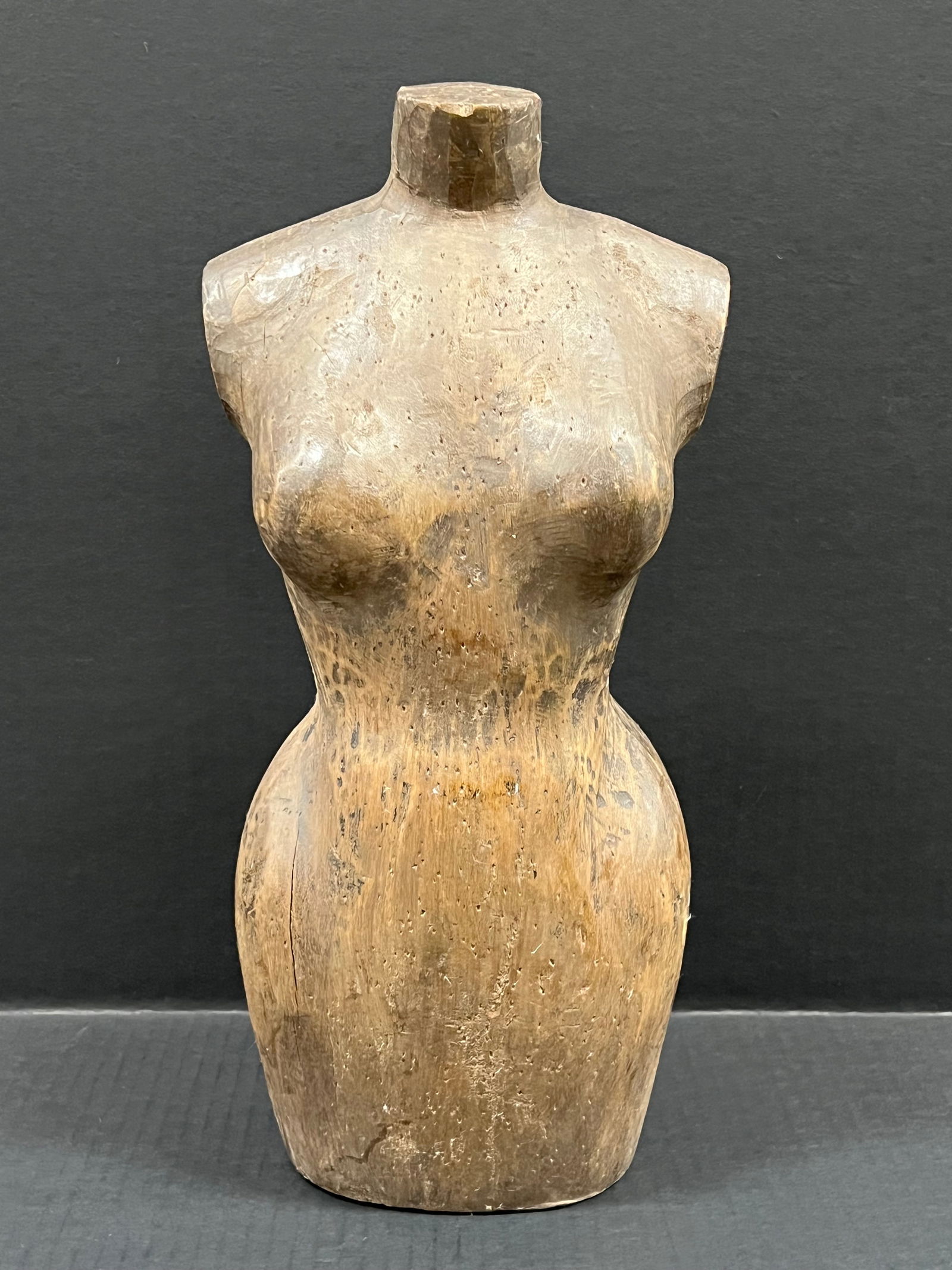 Carved Wood Mannequin - Torso: Folk Art Carved Wood Papermache Mold of Mannequin. The dimension is 15.5 inches high x 5 inches depth x 7 inches wide. Please be aware that some of the items are vintage, secondhand, old ages, antique