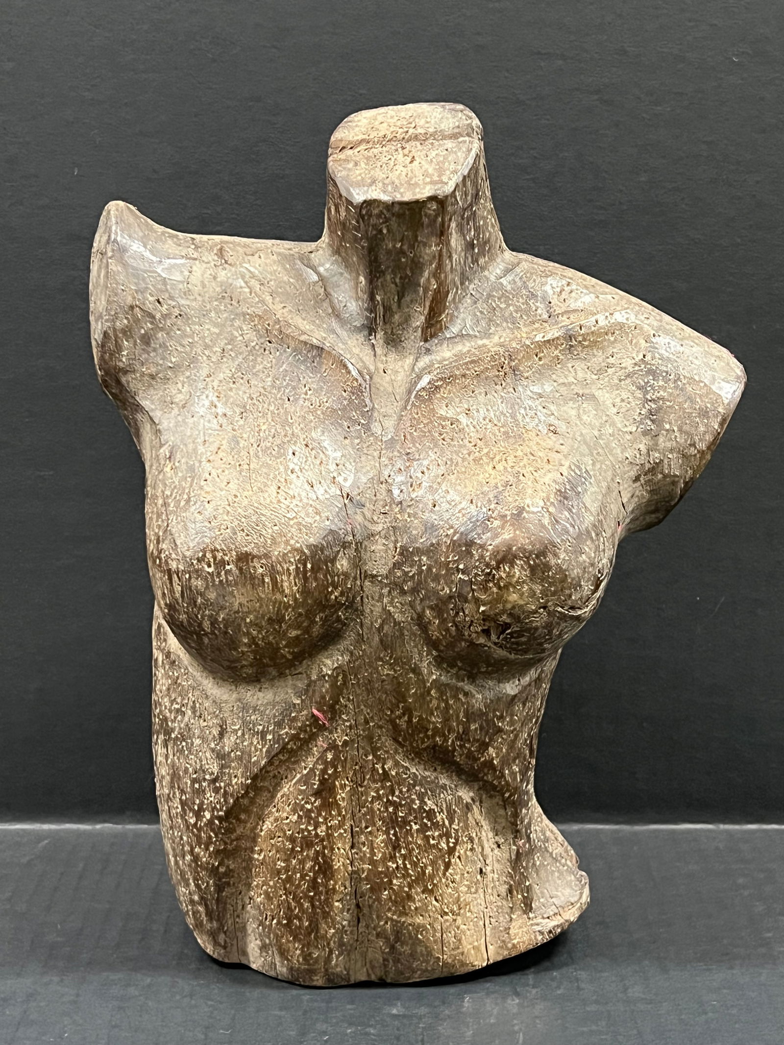 Carved Wood Mannequin - Torso: Folk Art Carved Wood Papermache Mold of Mannequin. The dimension is 12.5 inches high x 5 inches depth x 9.5 inches wide. Please be aware that some of the items are vintage, secondhand, old ages,