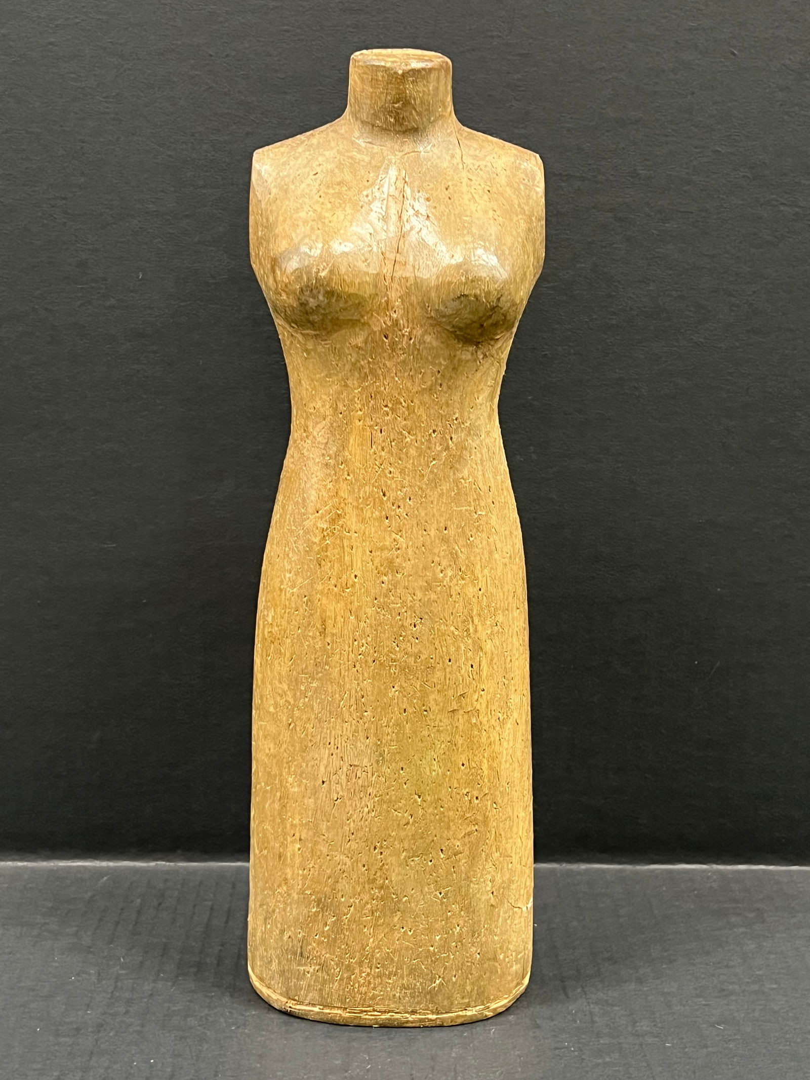 Carved Wood Mannequin - Torso: Folk Art Carved Wood Papermache Mold of Mannequin. The dimension is 15 inches high x 4 inches depth x 5 inches wide. Please be aware that some of the items are vintage, secondhand, old ages, antiques