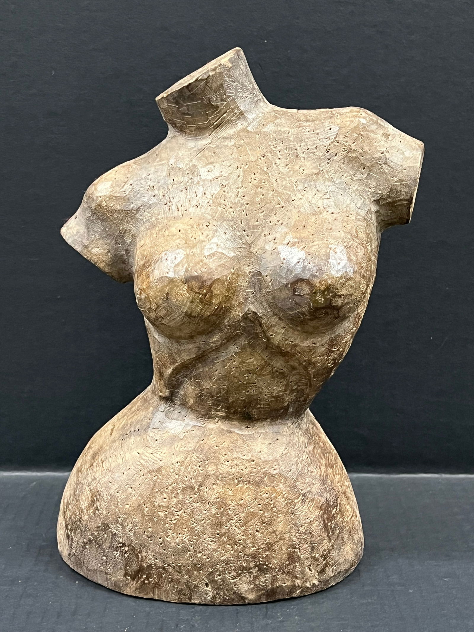 Carved Wood Mannequin - Torso: Folk Art Carved Wood Papermache Mold of Mannequin. The dimension is 12 inches high x 3.5 inches depth x 8.5 inches wide. Please be aware that some of the items are vintage, secondhand, old ages,