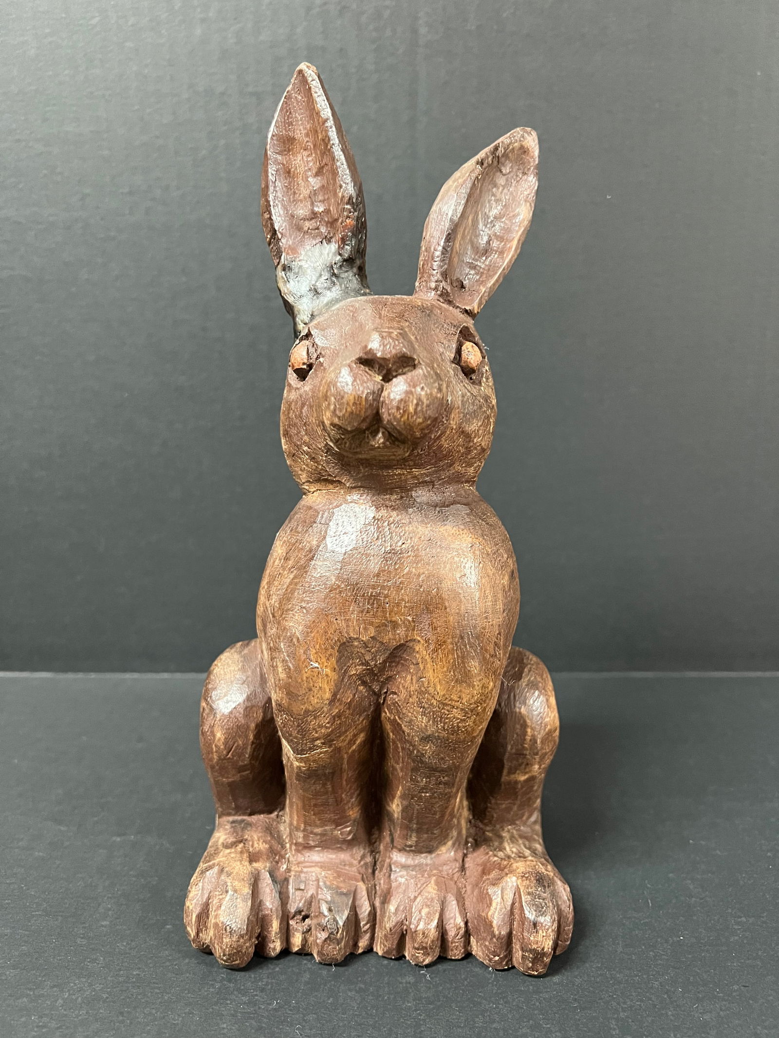 Carved Wood Rabbit: Folk Art Carved Wood Papermache Mold of Rabbit. The dimension is 10.5 inches high x 6 inches depth x 4.5 inches wide. Please be aware that some of the items are vintage, secondhand, old ages,