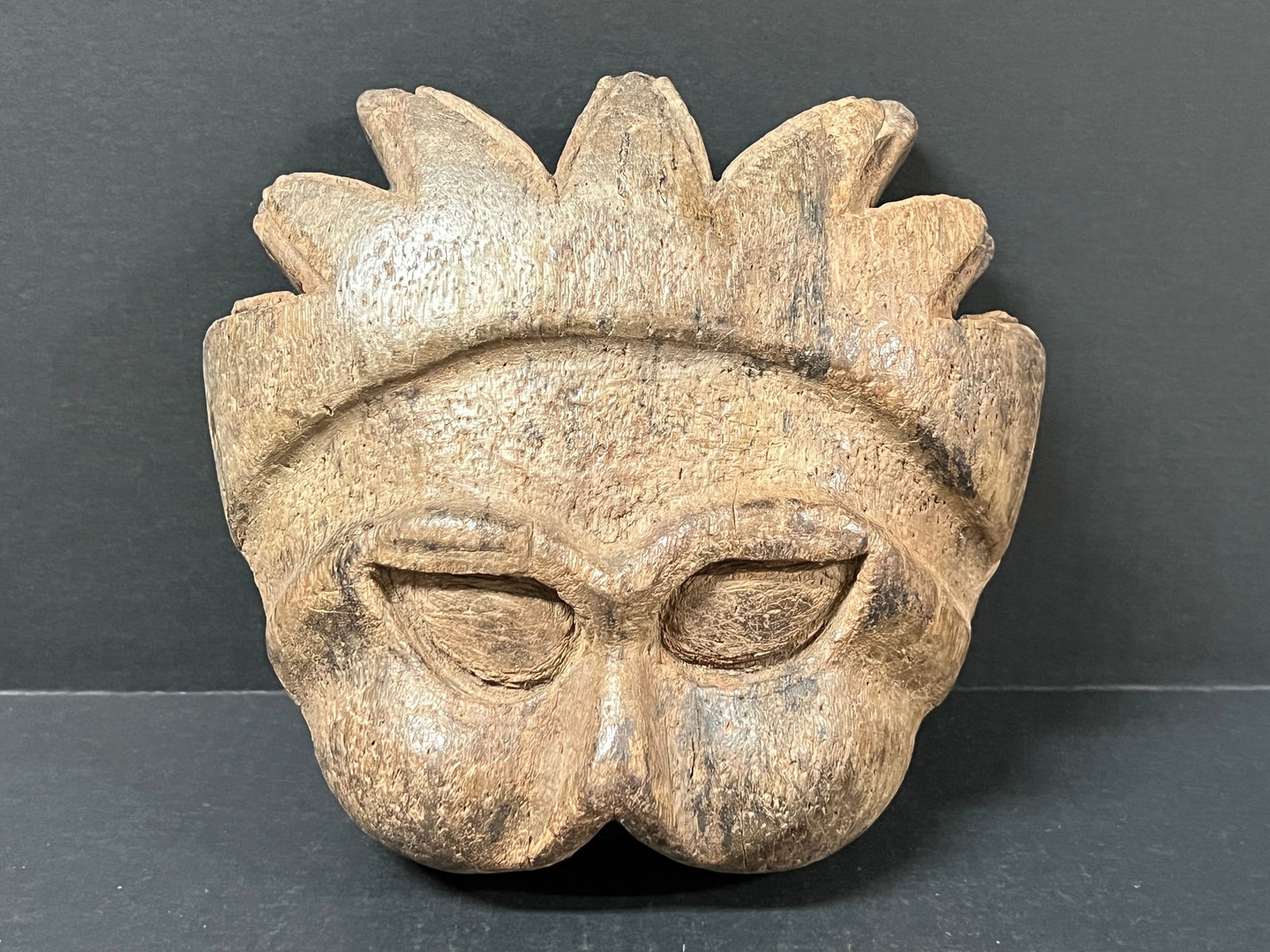 Carved Wood Masquerade Mask: Folk Art Carved Wood Papermache Mold of Masquerade Mask. The dimension is 8.5 inches high x 3 inches depth x 9 inches wide. Please be aware that some of the items are vintage, secondhand, old ages,