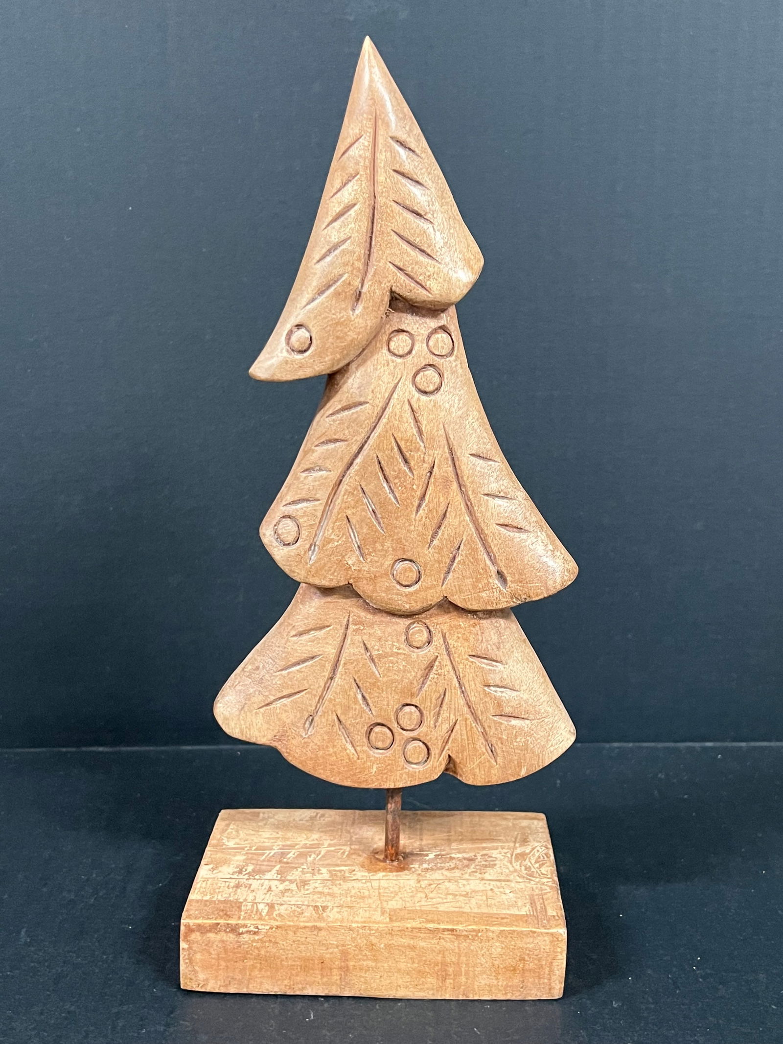 Carved Wood Christmas Tree: Folk Art Carved Wood Papermache Mold of Christmas Tree. The dimension is 11.5 inches high x 3.5 inches depth x 5 inches wide. Please be aware that some of the items are vintage, secondhand, old ages,