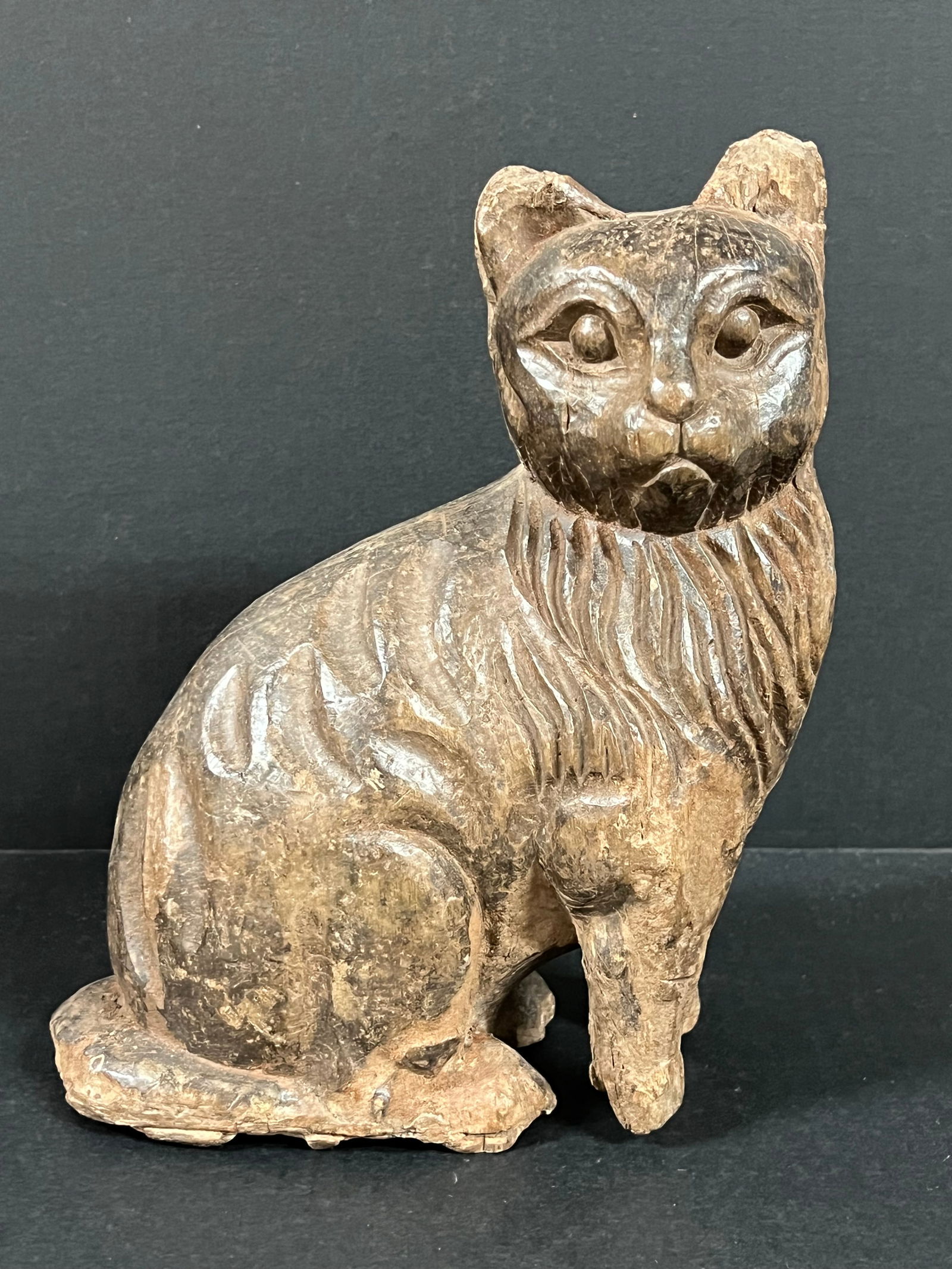 Carved Wood Cat: Folk Art Carved Wood Papermache Mold of Cat. The dimension is 10.5 inches high x 4 inches depth x 8 inches wide. Please be aware that some of the items are vintage, secondhand, old ages, antiques and