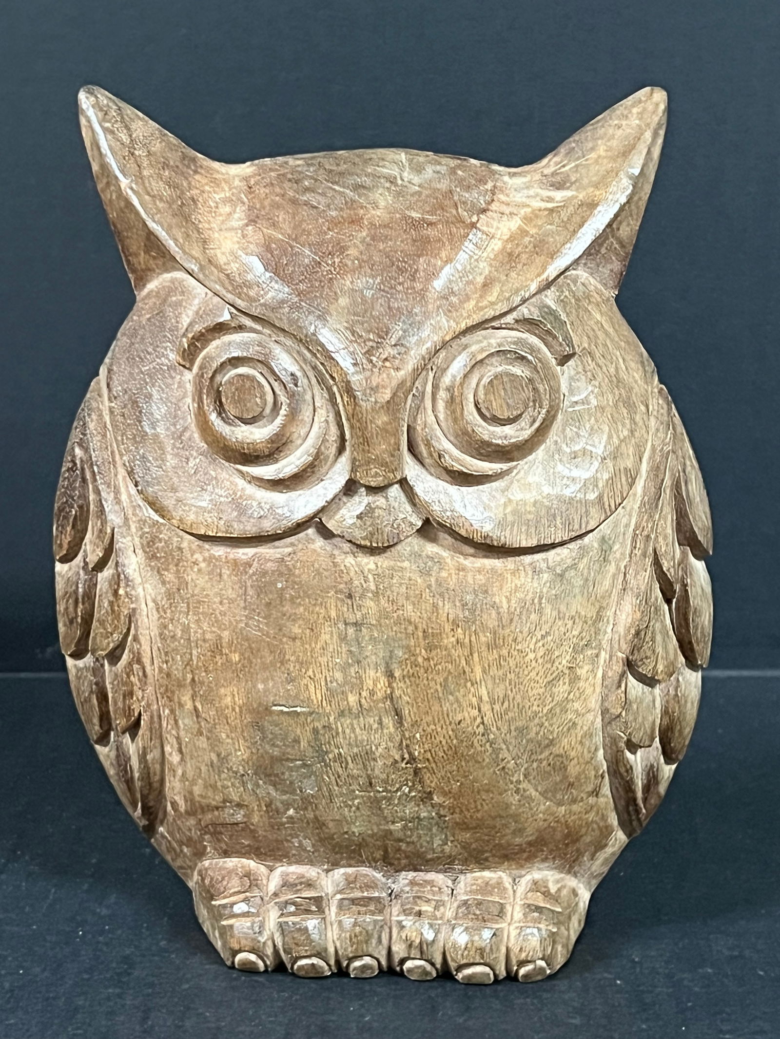 Carved Wood Owl: Folk Art Carved Wood Papermache Mold of Owl. The dimension is 8 inches high x 6.5 inches wide. Please be aware that some of the items are vintage, secondhand, old ages, antiques and may have a