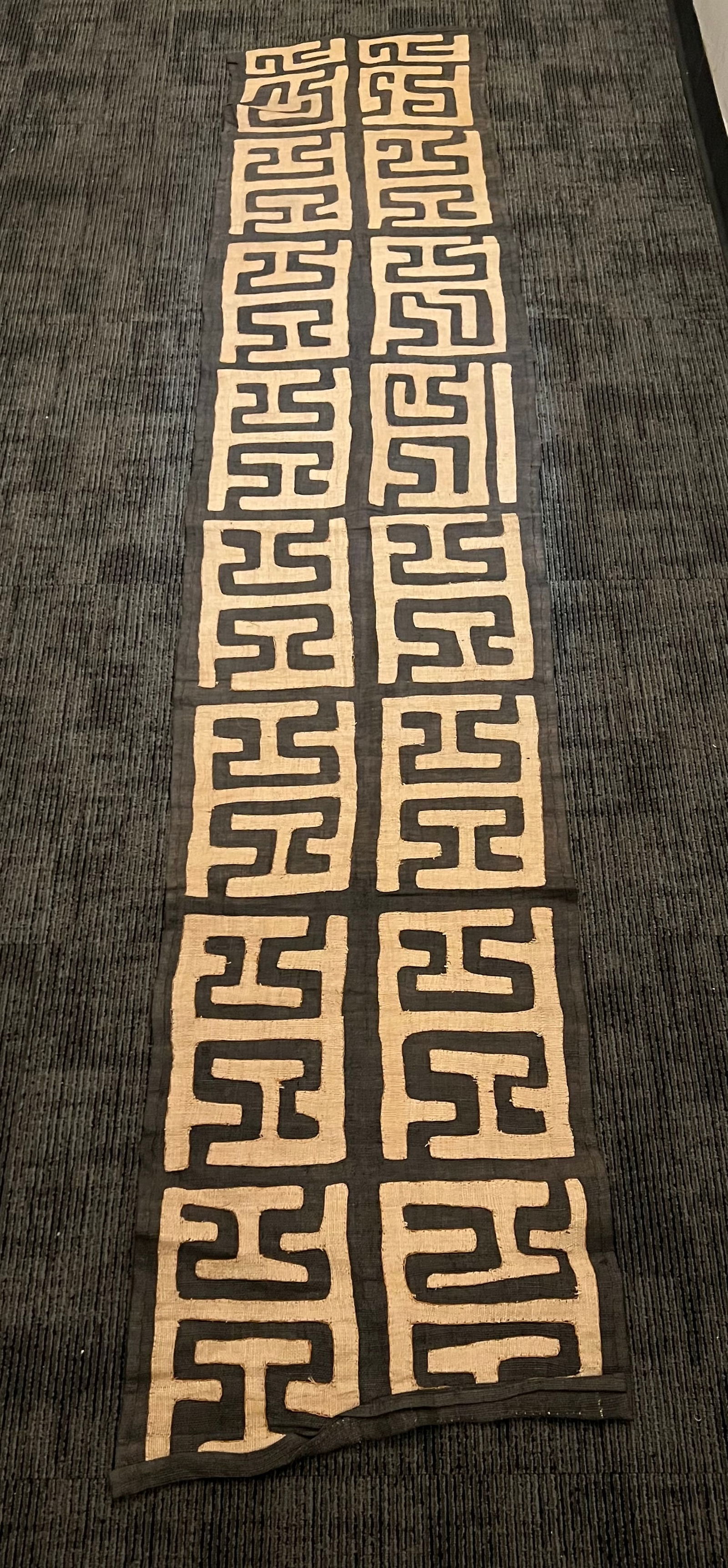 Kuba Cloth: African Tribal Art Kuba Cloth. The dimension is 112 inches high x 22 inches wide. Please be aware that some of the items are vintage, secondhand, old ages, antiques and may have a defects or sign of