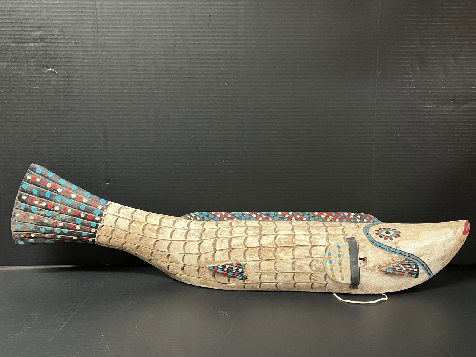 Large Bozo Puppet Fish: African Tribal Art Large Bozo Puppet Fish. The dimension is 11.5 inches high x 7 inches depth x 36 inches wide. Please be aware that some of the items are vintage, secondhand, old ages, antiques and m
