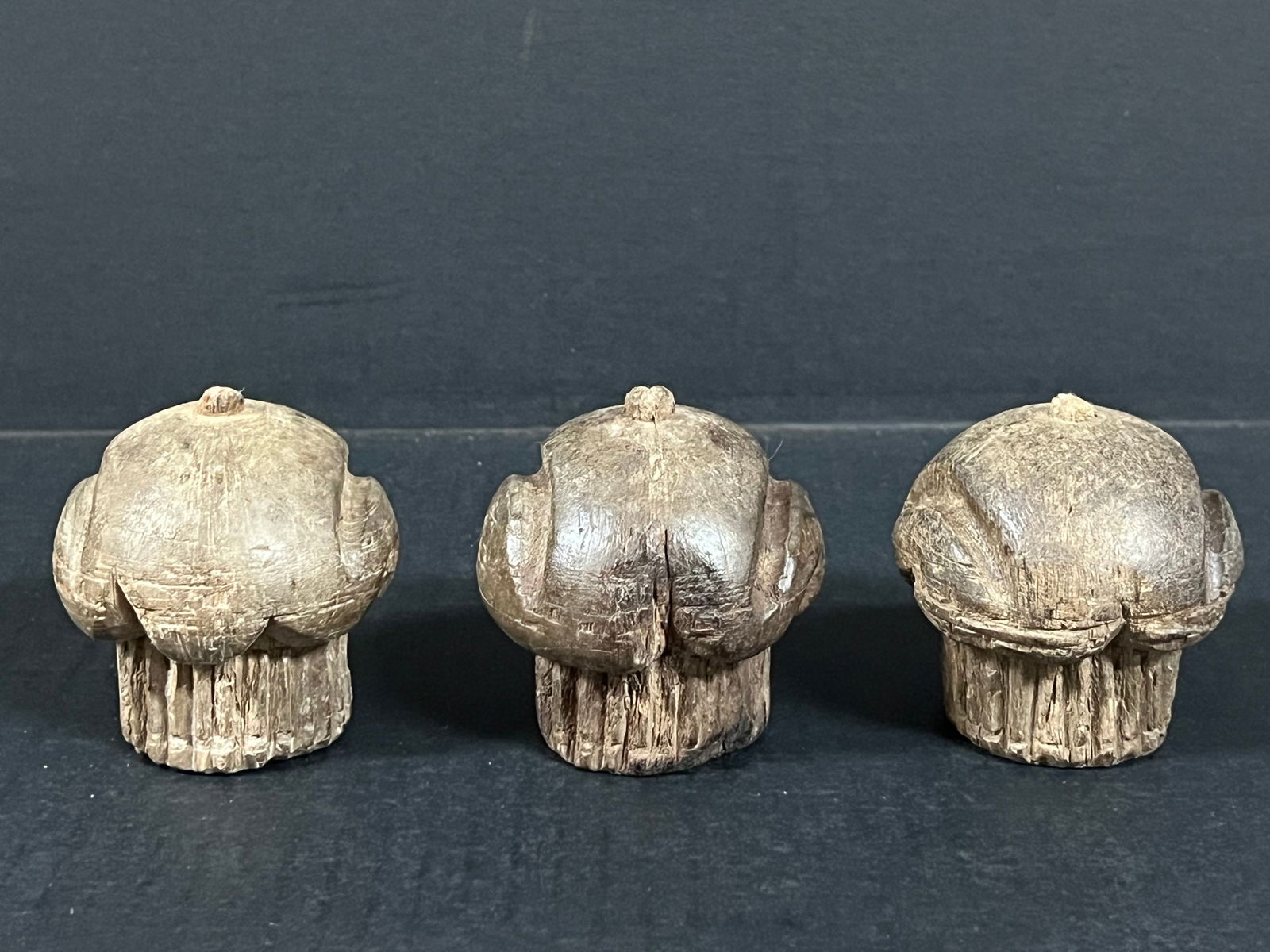 Carved Wood Cupcake set of 3: Folk Art Carved Wood Papermache Mold of Cupcake . The dimension is 2.75 inches high x 2.75 inches wide. Please be aware that some of the items are vintage, secondhand, old ages, antiques and may have