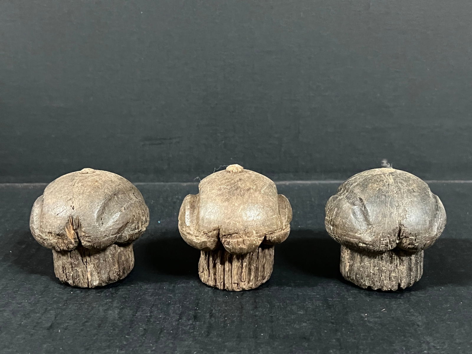 Carved Wood Cupcake set of 3: Folk Art Carved Wood Papermache Mold of Cupcake. The dimension is 2.75 inches high x 2.75 inches wide. Please be aware that some of the items are vintage, secondhand, old ages, antiques and may have
