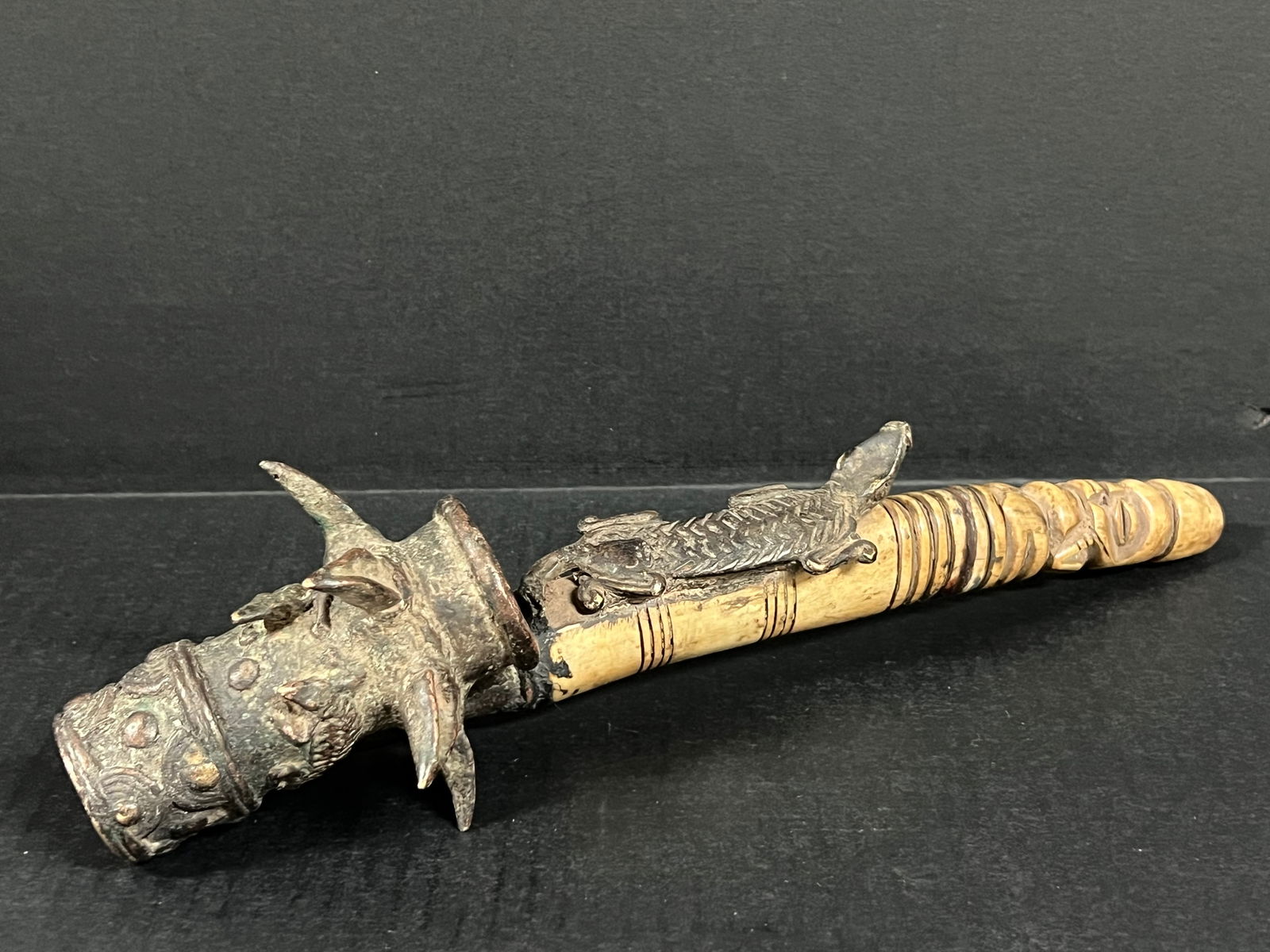 Cameroon Bronze and Bone Figural Pipe - 10