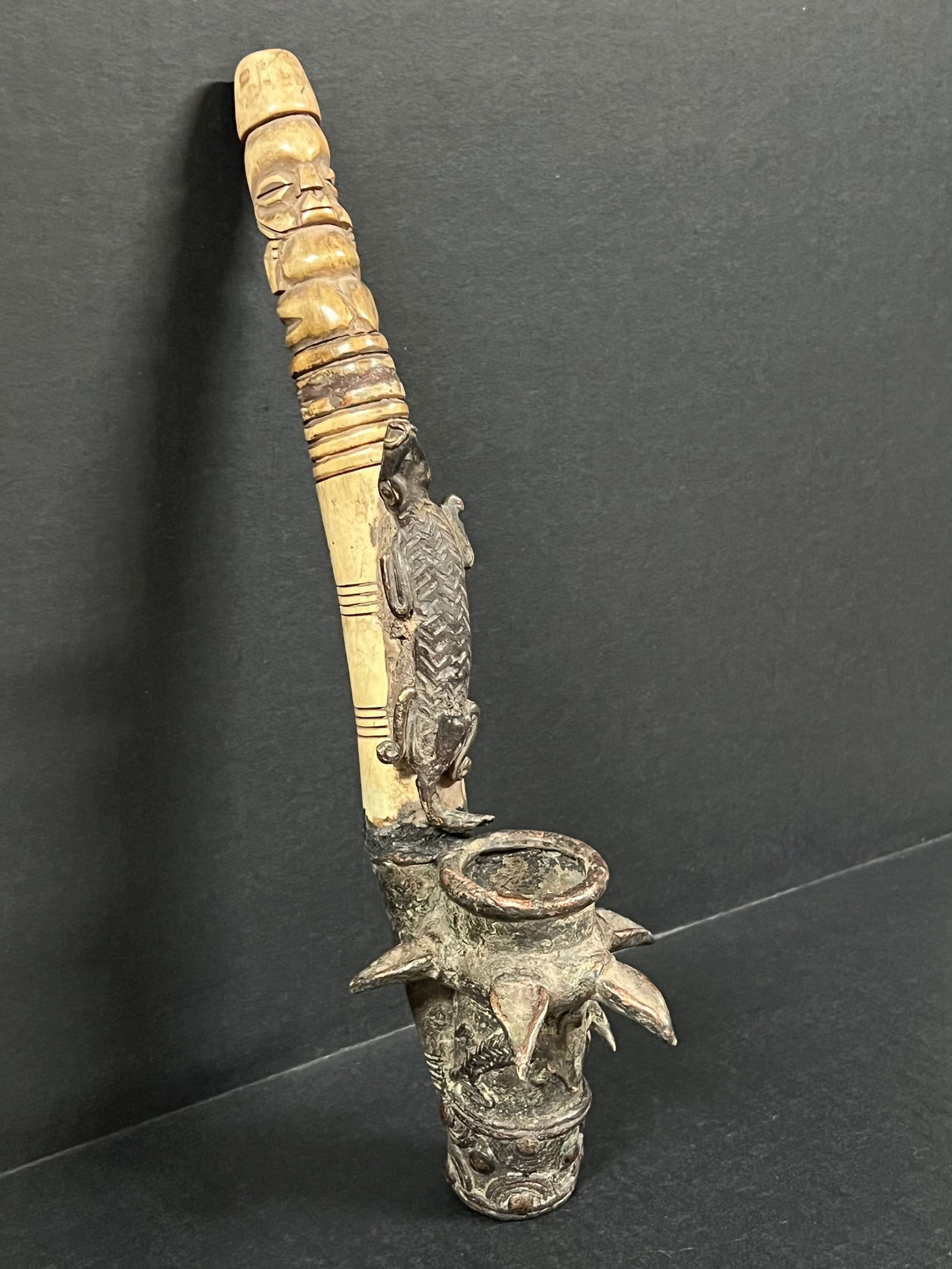 Cameroon Bronze and Bone Figural Pipe - 5