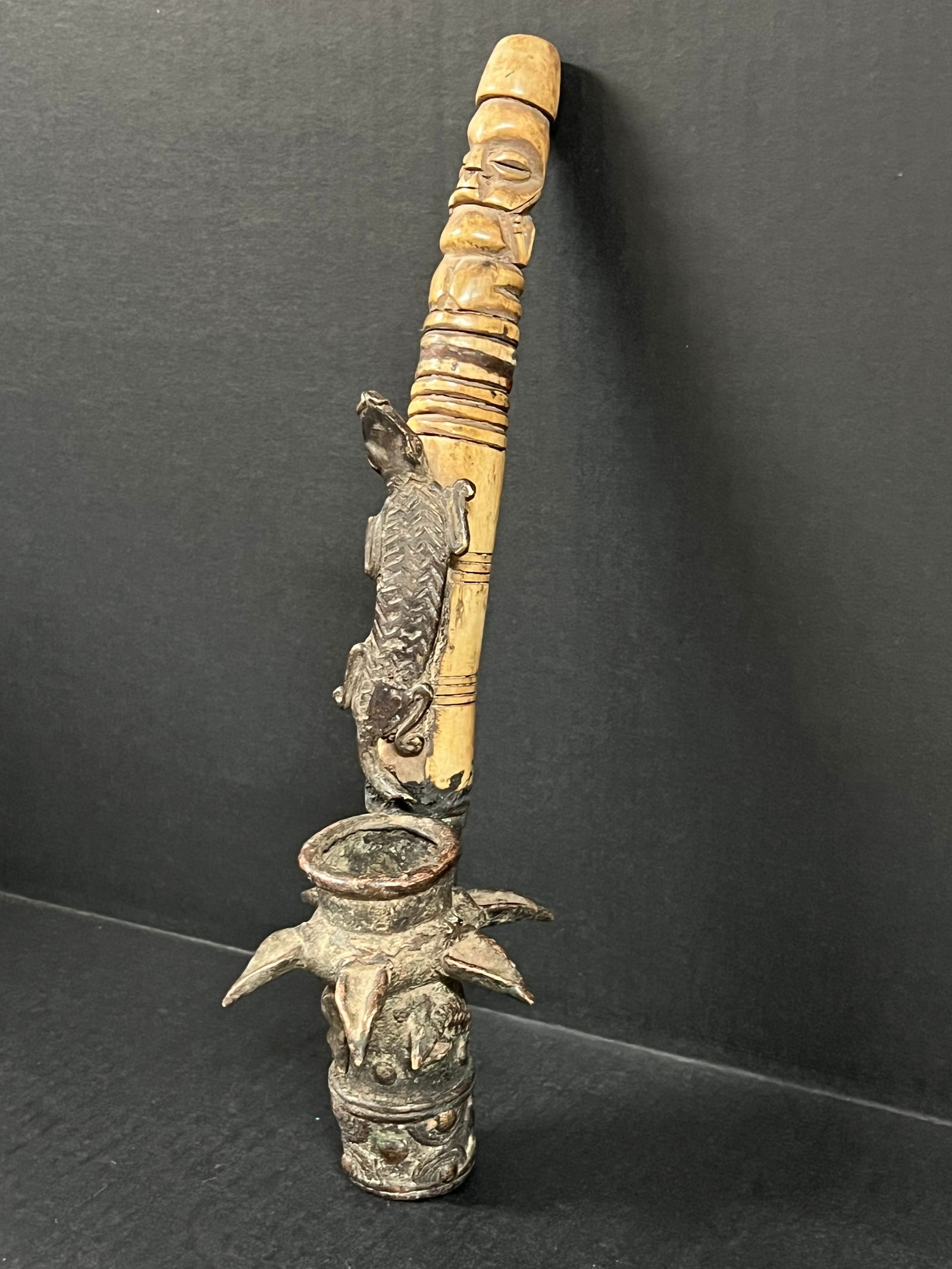 Cameroon Bronze and Bone Figural Pipe - 6
