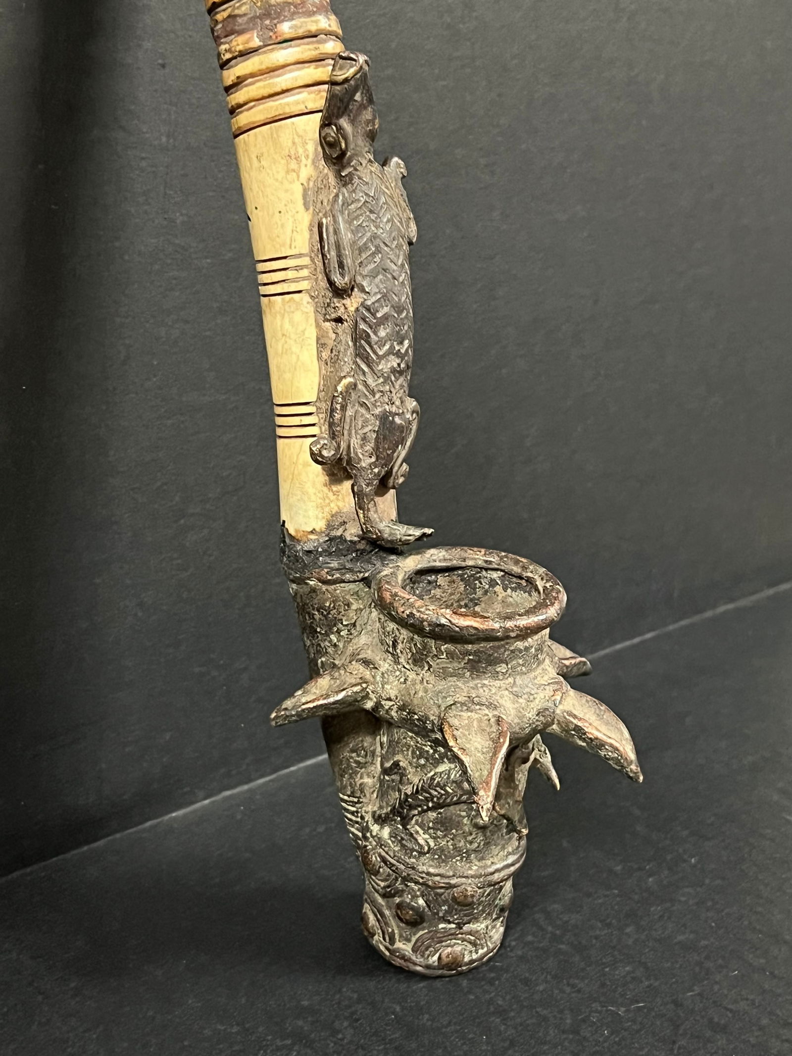 Cameroon Bronze and Bone Figural Pipe - 7