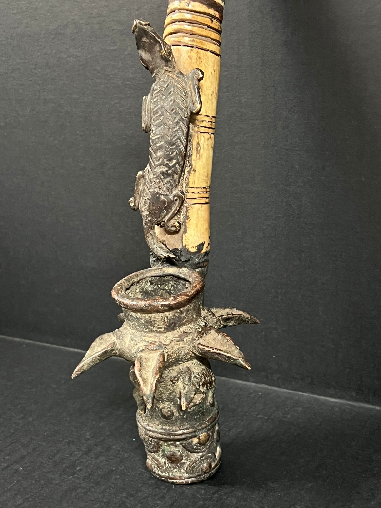Cameroon Bronze and Bone Figural Pipe - 8