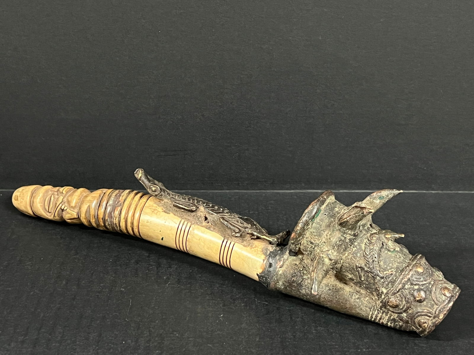 Cameroon Bronze and Bone Figural Pipe - 9