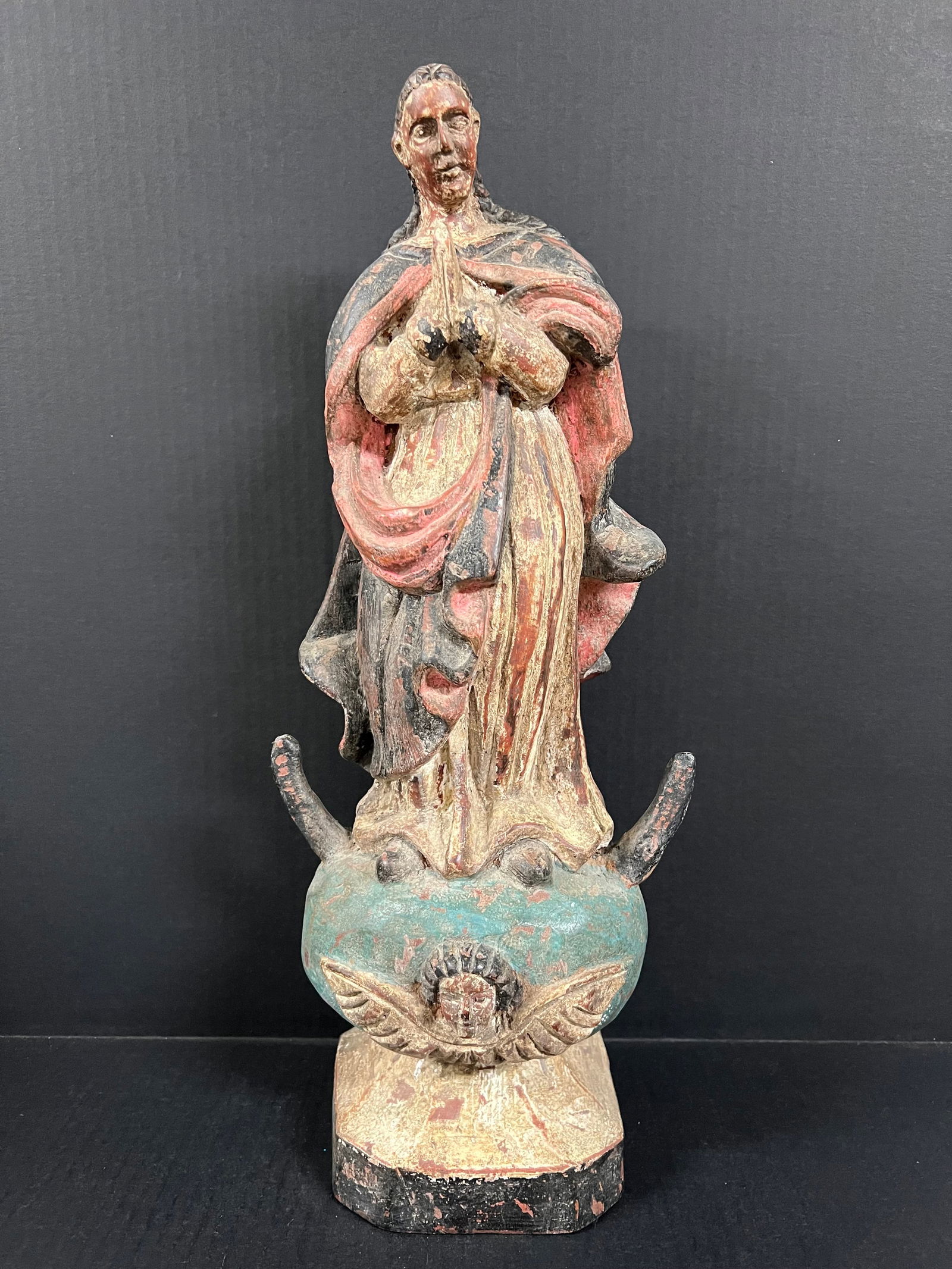 Carved Wood Blessed Virgin Mary: Religious Art Carved Wood Blessed Virgin Mary. The dimension is 20 inches high x 6.5 inches depth x 8 inches wide. Please be aware that some of the items are vintage, secondhand, old ages, antiques
