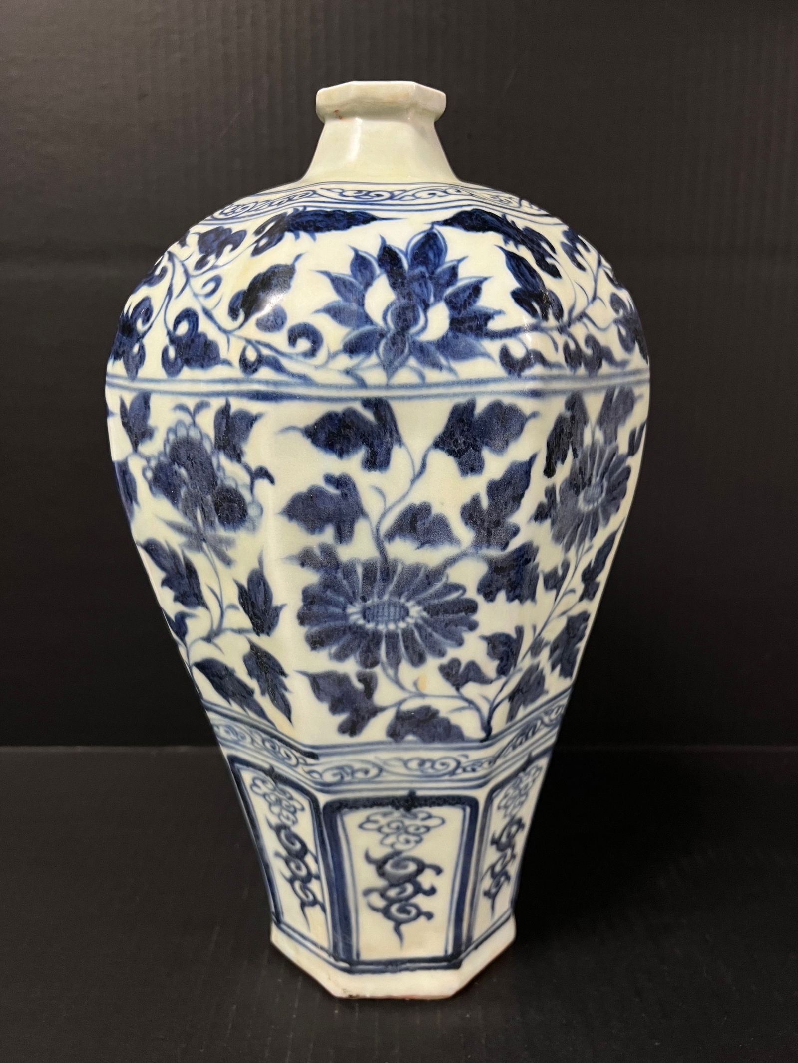 Porcelain Blue and White Mei Ping Vase: Chinese Art Porcelain Blue and White Mei Ping Vase Floral Design. The dimension is 13 inches high x 8 inches depth x 8 inches wide. Please be aware that some of the items are vintage, secondhand, old