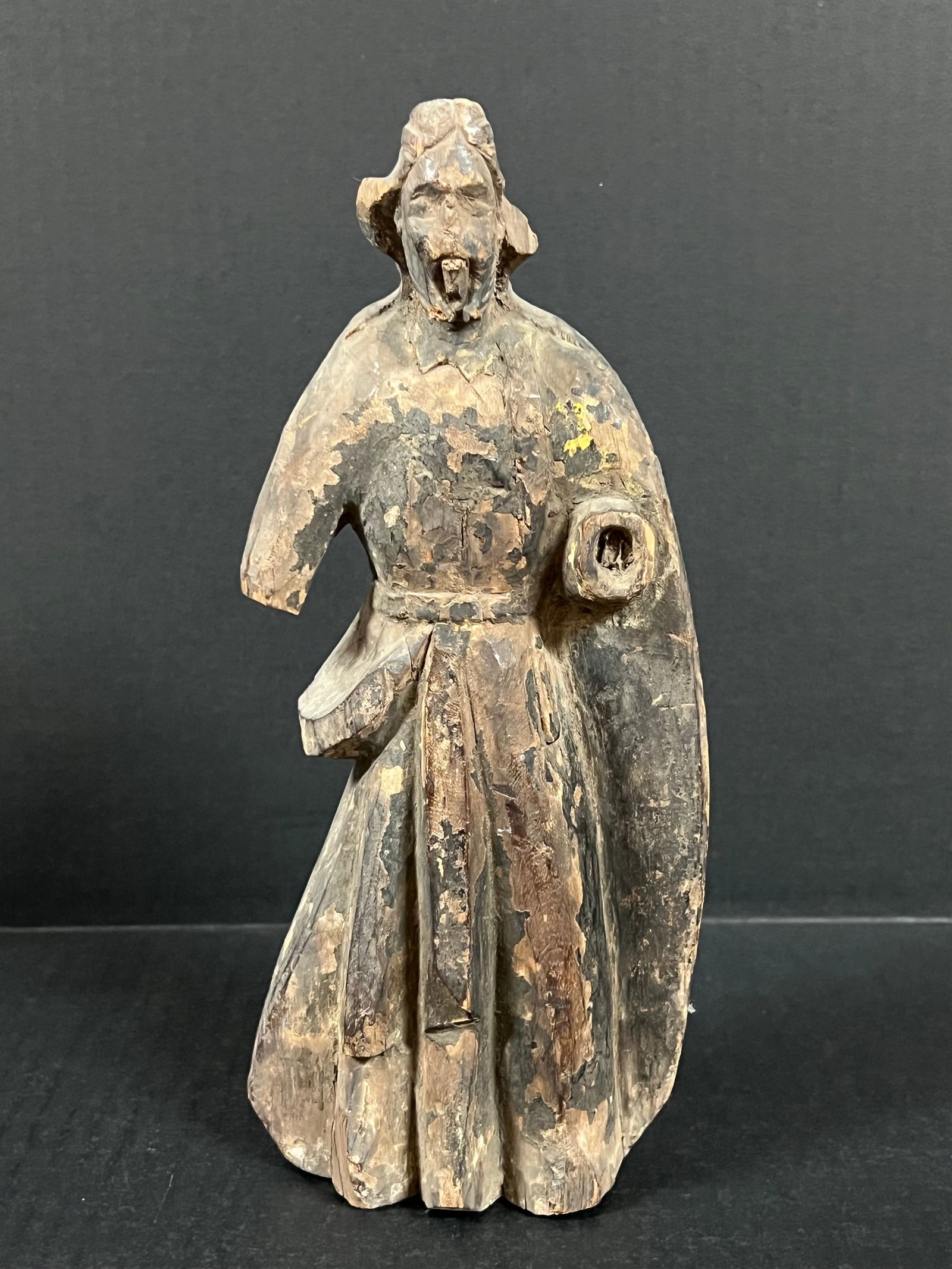 19th Century Carved Wood Colonial Saint: Religious Art Carved Wood 19th Century Colonial Saint. The dimension is 10.5 inches high x 4.5 inches wide. Please be aware that some of the items are vintage, secondhand, old ages, antiques and may