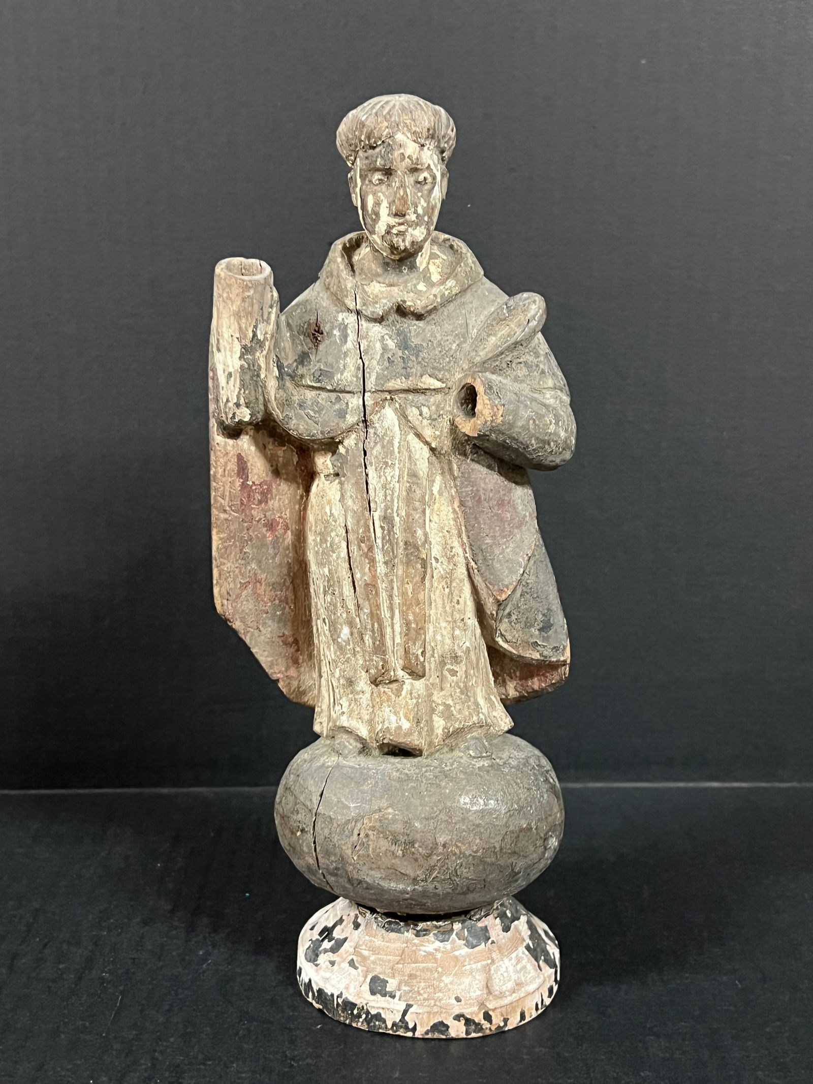 19th Century Carved Wood Colonial Saint: Religious Art Carved Wood 19th Century Colonial Saint. The dimension is 11 inches high x 4.5 inches wide. Please be aware that some of the items are vintage, secondhand, old ages, antiques and may