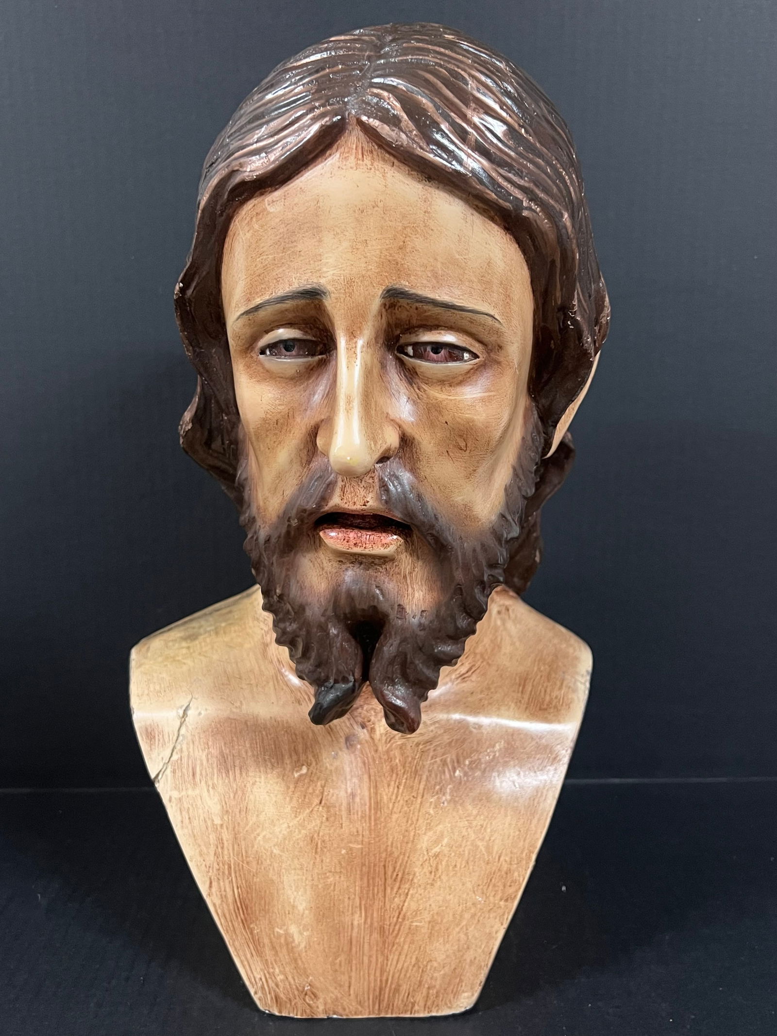 Life Size Carved Wood Male Saint Head: Religious Art Life size Carved Wood Male Saint Head. The dimension is 17 inches high x 11 inches depth x 10 inches wide. Please be aware that some of the items are vintage, secondhand, old ages,