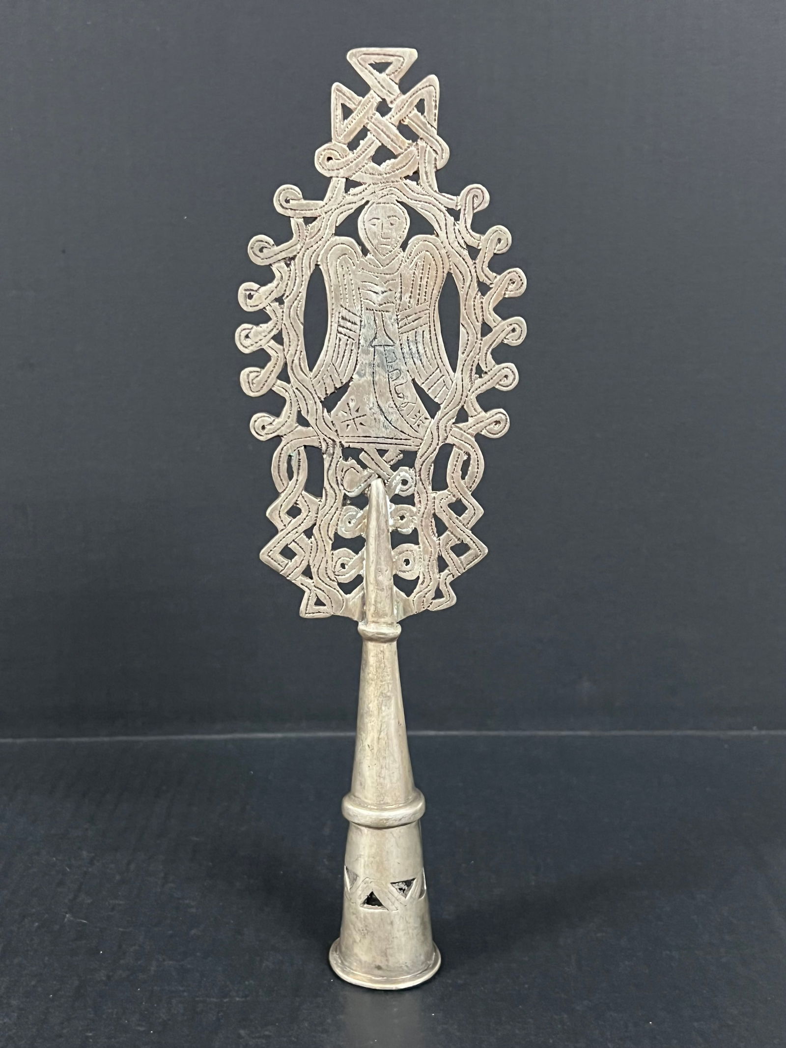 Ethiopian Metal Processional Coptic Cross: African Tribal Art Ethiopian Metal Processional Coptic Cross. The dimension is 11.75 inches high x 3.75 inches wide. Please be aware that some of the items are vintage, secondhand, old ages, antiques