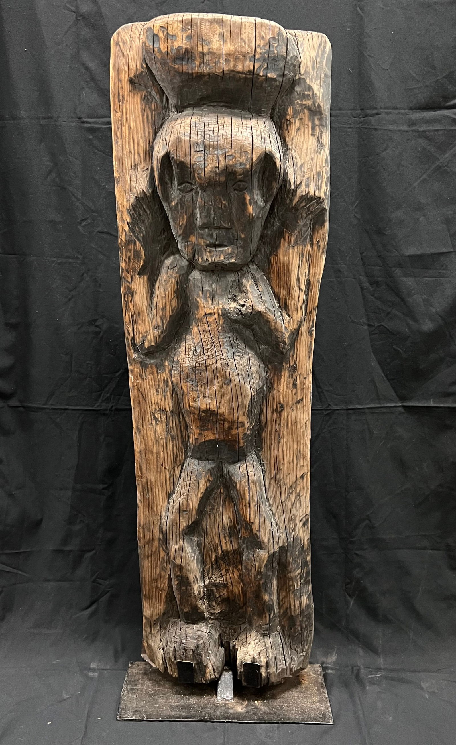 Philippine Tribal Art Carved Wooden Old Panel of Igorot Native House: Philippine Tribal Art Carved Wood Wooden Old Panel of Igorot Native House With Metal Display Stand. The dimension is 48 inches high x 14 inches wide, Please be aware that some of the items are