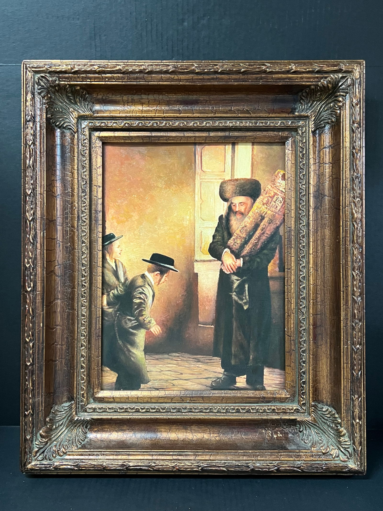 Judaica Art Oil Painting with Gold Gilt Frame: Judaica Art Oil Painting with Gold Gilt Frame . The dimension is 24.5 inches high x 3 inches depth x 20.5 inches wide. Please be aware that some of the items are vintage, secondhand, old ages,