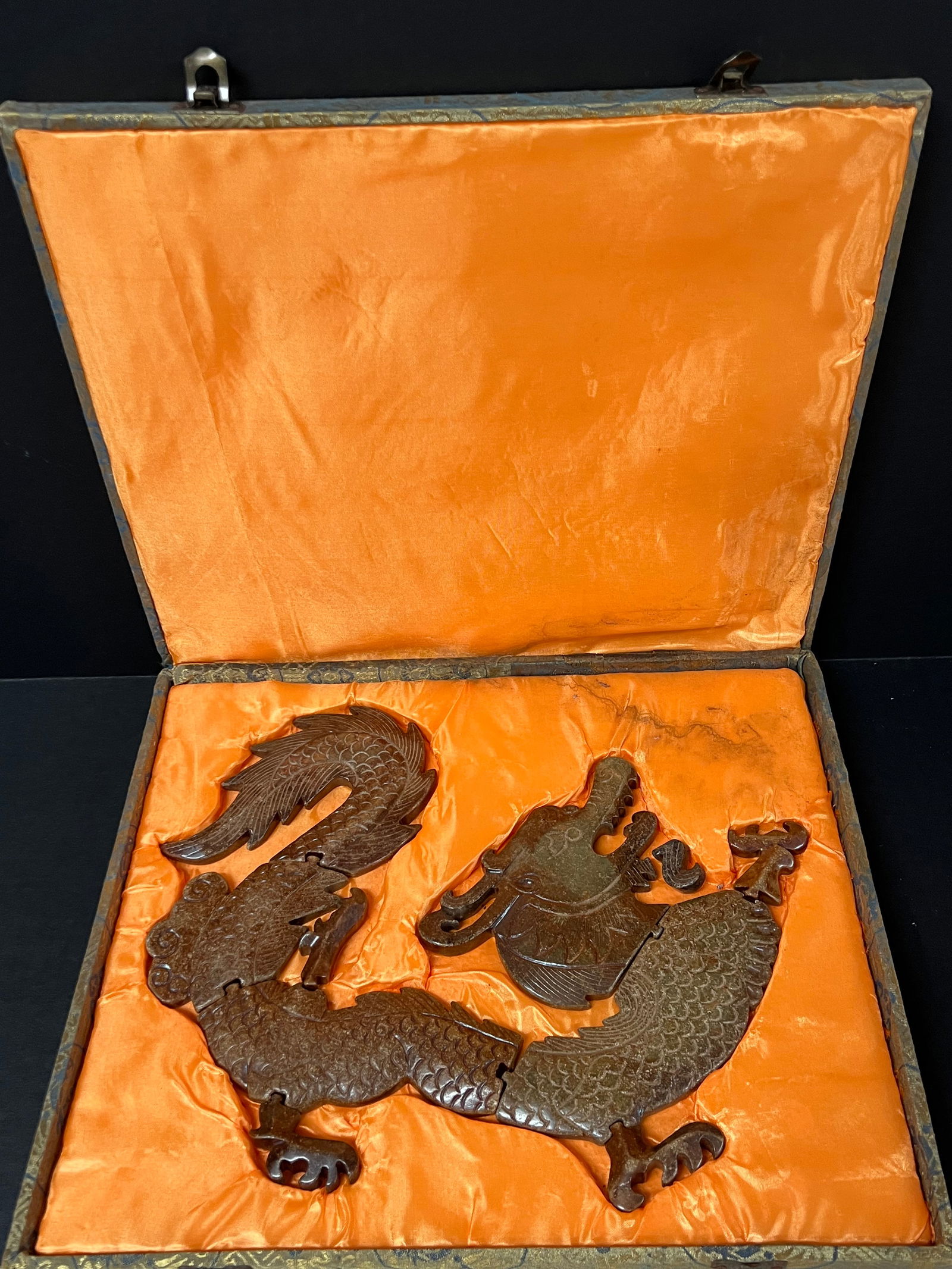 Hetian Jade Puzzle Like Plaque of A Dragon Sculpture with Silk Box: Chinese Art Hetian Jade Puzzle Like Plaque of A Dragon Sculpture with Silk Box. The dimension is 10 inches high x 12 inches wide. Please be aware that some of the items are vintage, secondhand, old