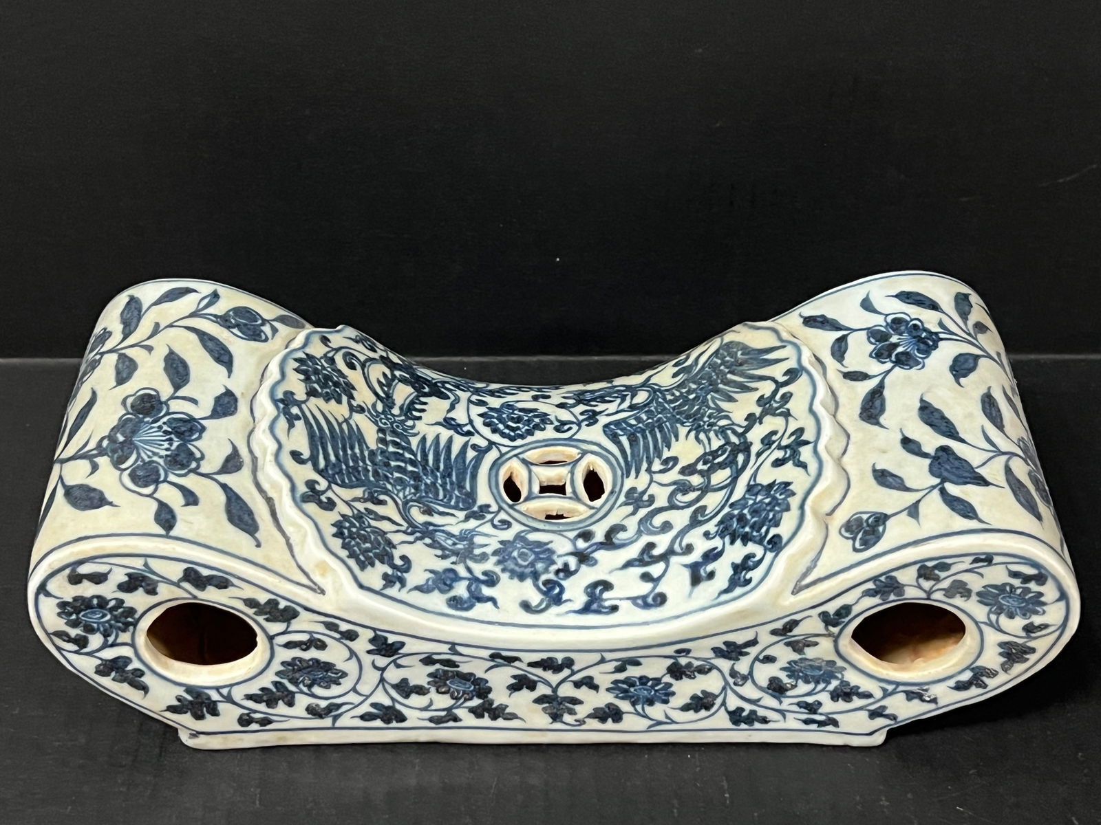 Blue and White Phoenix Bird Design Pillow: Chinese Art Blue and White Phoenix Bird Design Pillow. The dimension is 4 inches high x 5 inches depth x 11.75 inches wide. Please be aware that some of the items are vintage, secondhand, old ages,