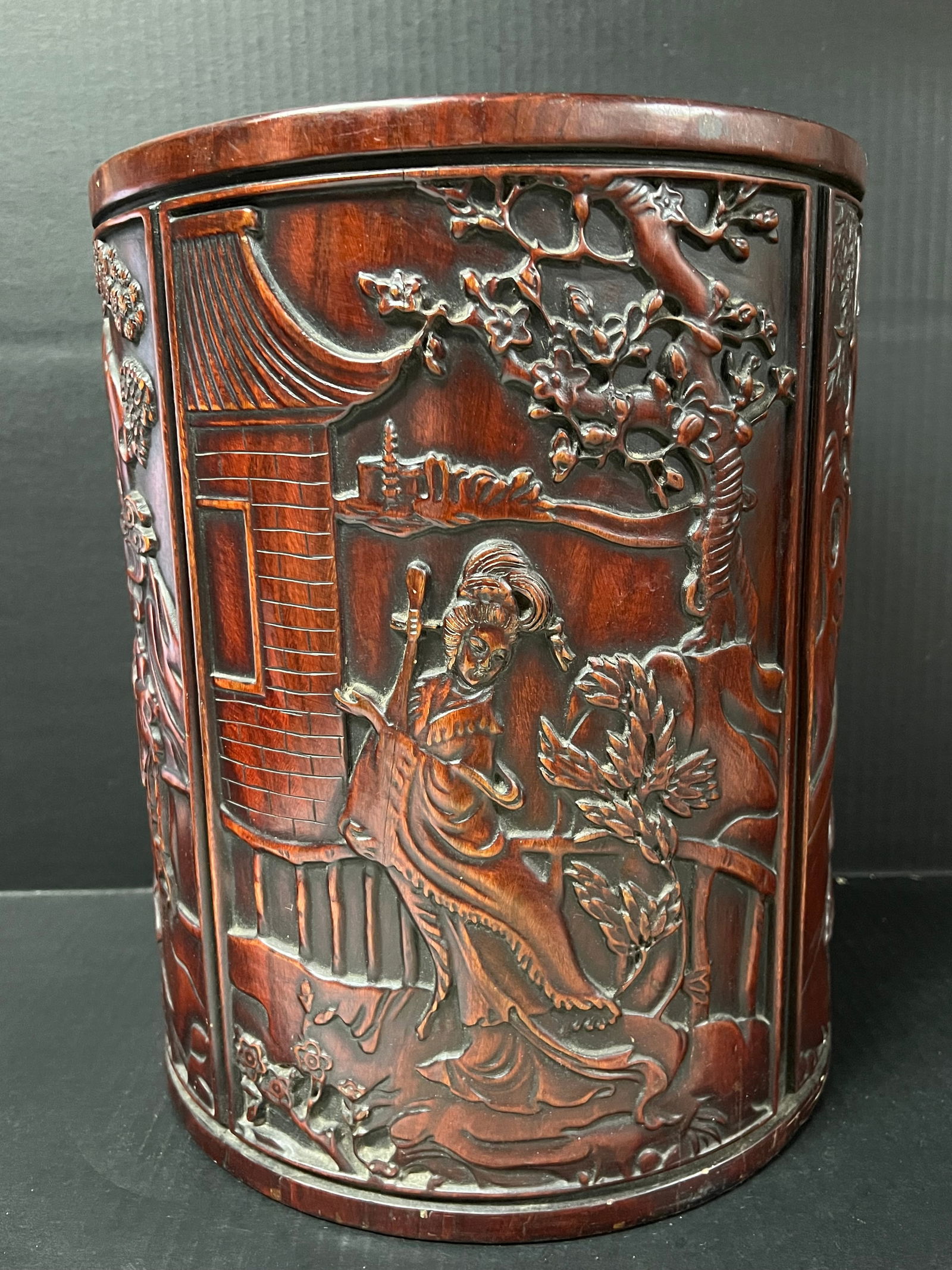 Very Large Chinese Iron Wood Brushpot: Chinese Art Very Large Chinese Iron Wood Brushpot. The dimension is 14 inches high x 11 inches depth x 11 inches wide. Please be aware that some of the items are vintage, secondhand, old ages,