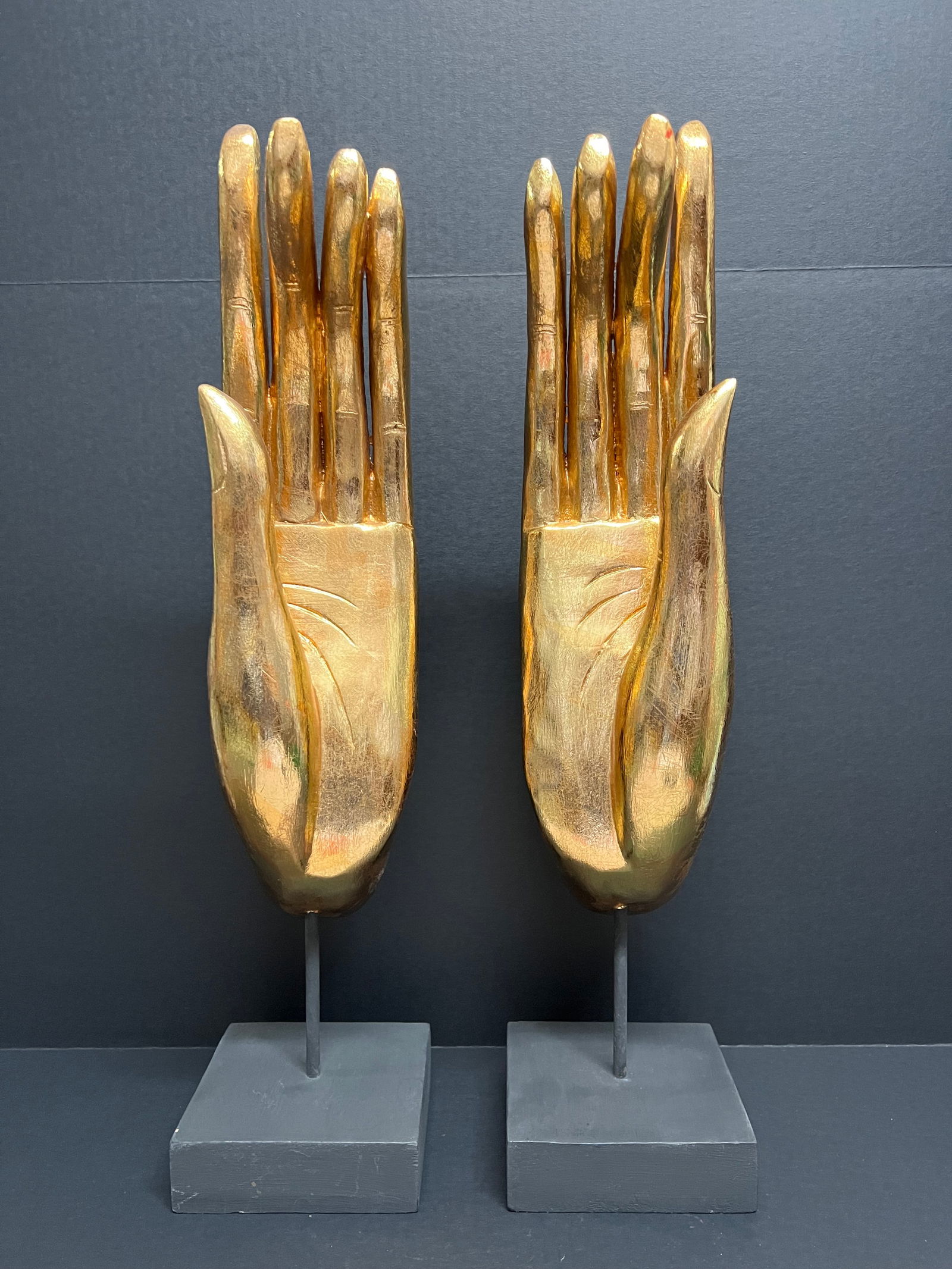 Large Carved Solid Wood Gold Painted Pair of Buddha Hands: Decorative Art Large Carved Solid Wood Gold Painted Pair of Buddha Hands. The dimension is 25.5 inches high x 6 inches depth x 6 inches wide. Please be aware that some of the items are vintage, second