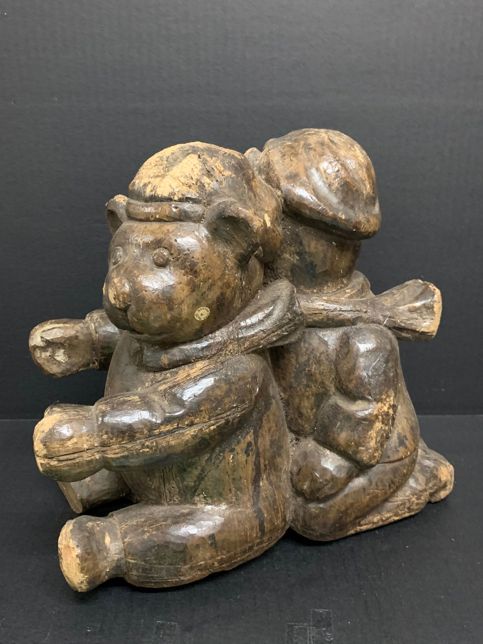 Carved Wood Teddy Bear Sculpture: Folk Art Carved Wood Teddy Bear Sculpture. The dimension is 12 inches high x 13 inches wide. Please be aware that some of the items are vintage, secondhand, old ages, antiques and may have a defects