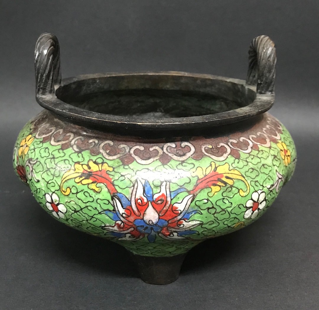 Cloisonne and Bronze Incense Burner With Floral Design: Chinese Art Cloisonne and Bronze Incense Burner with Floral Design. The dimension is 5 inches high x 6.75 inches wide. Please be aware that some of the items are vintage, secondhand, old ages,