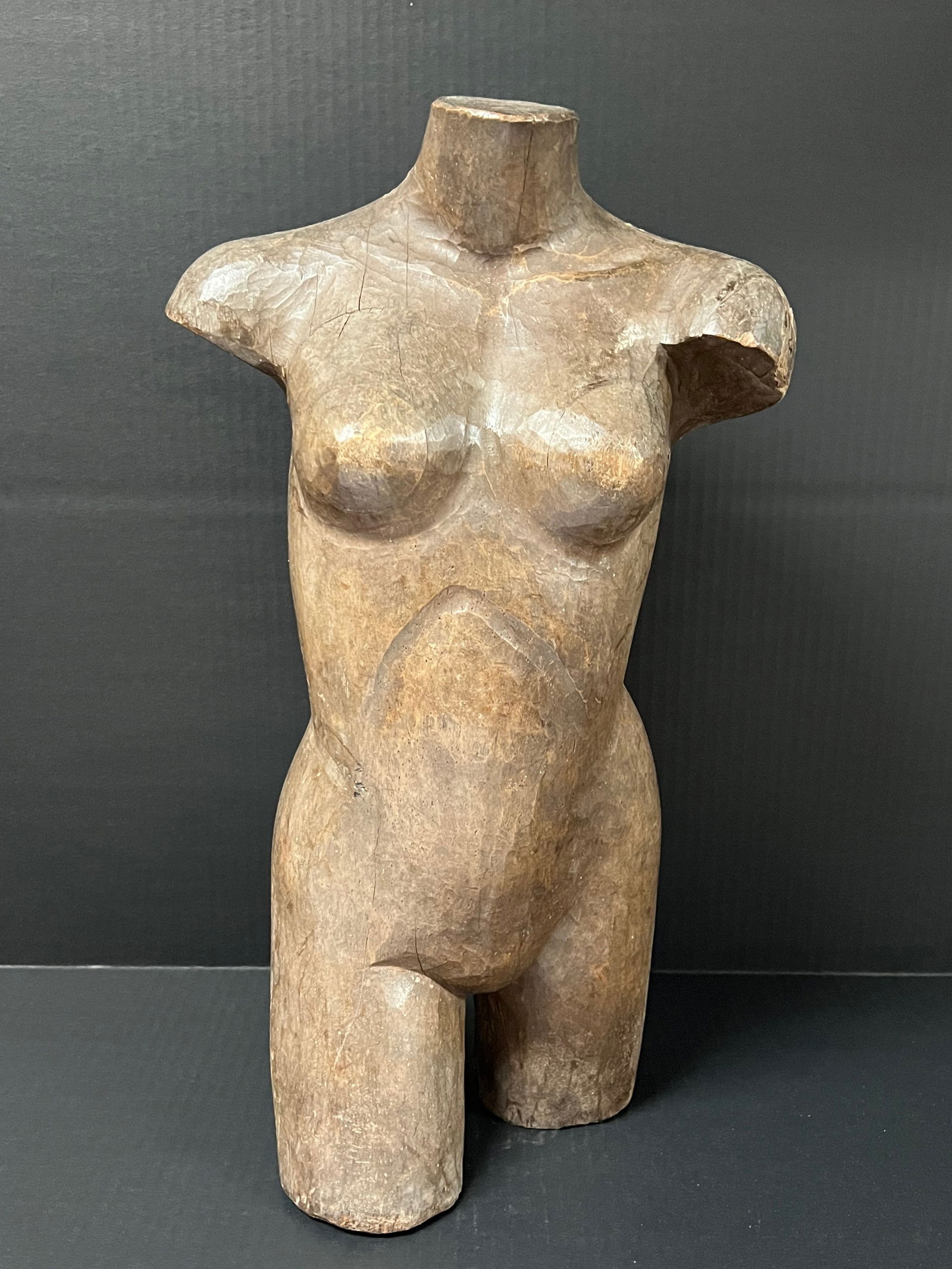 Carved Wood Male Torso Sculpture: Folk Art Carved Wood Male Torso Sculpture. The dimension is 20 inches high x 11 inches wide. Please be aware that some of the items are vintage, secondhand, old ages, antiques and may have a defects