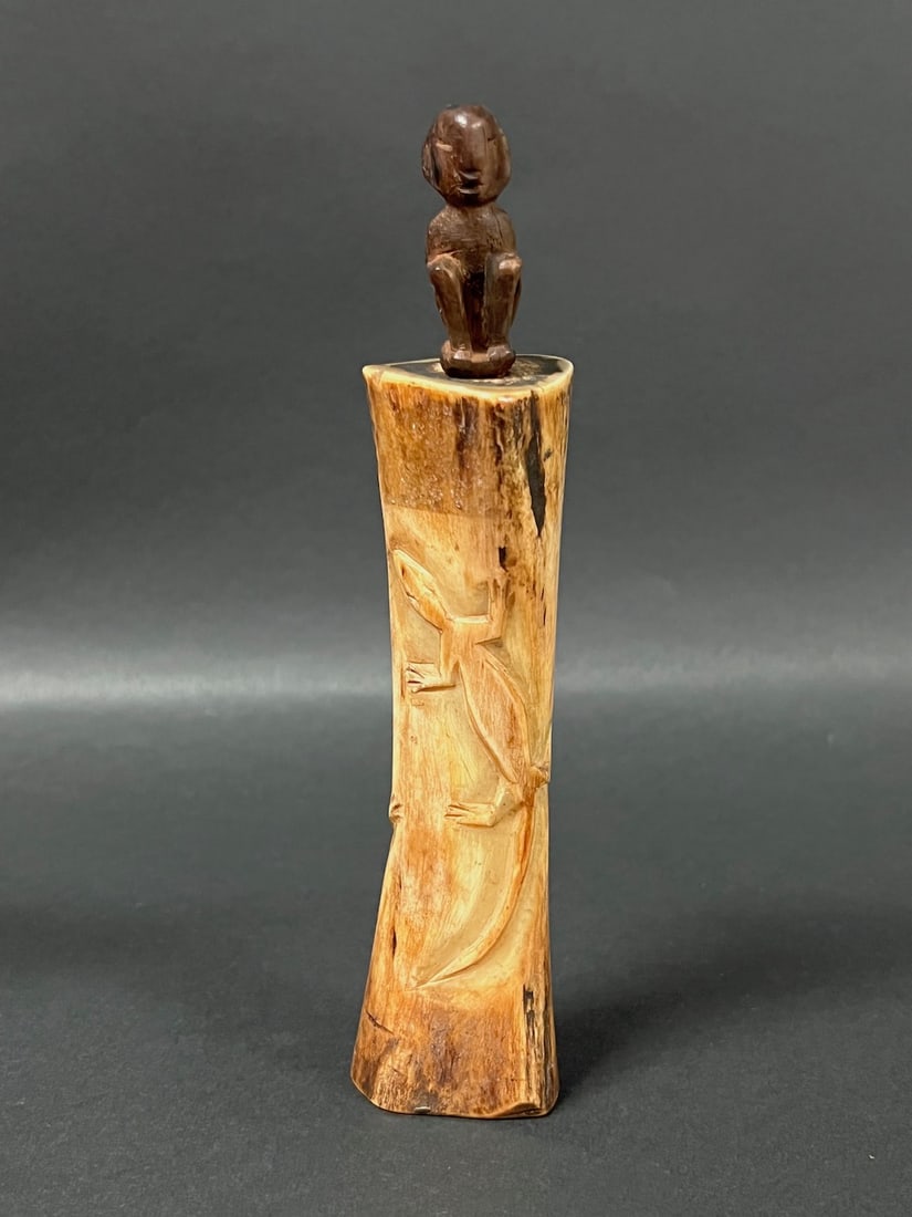 Philippine Tribal Art Carved Wood and Bone Bulul Lime Container (1 of 9)