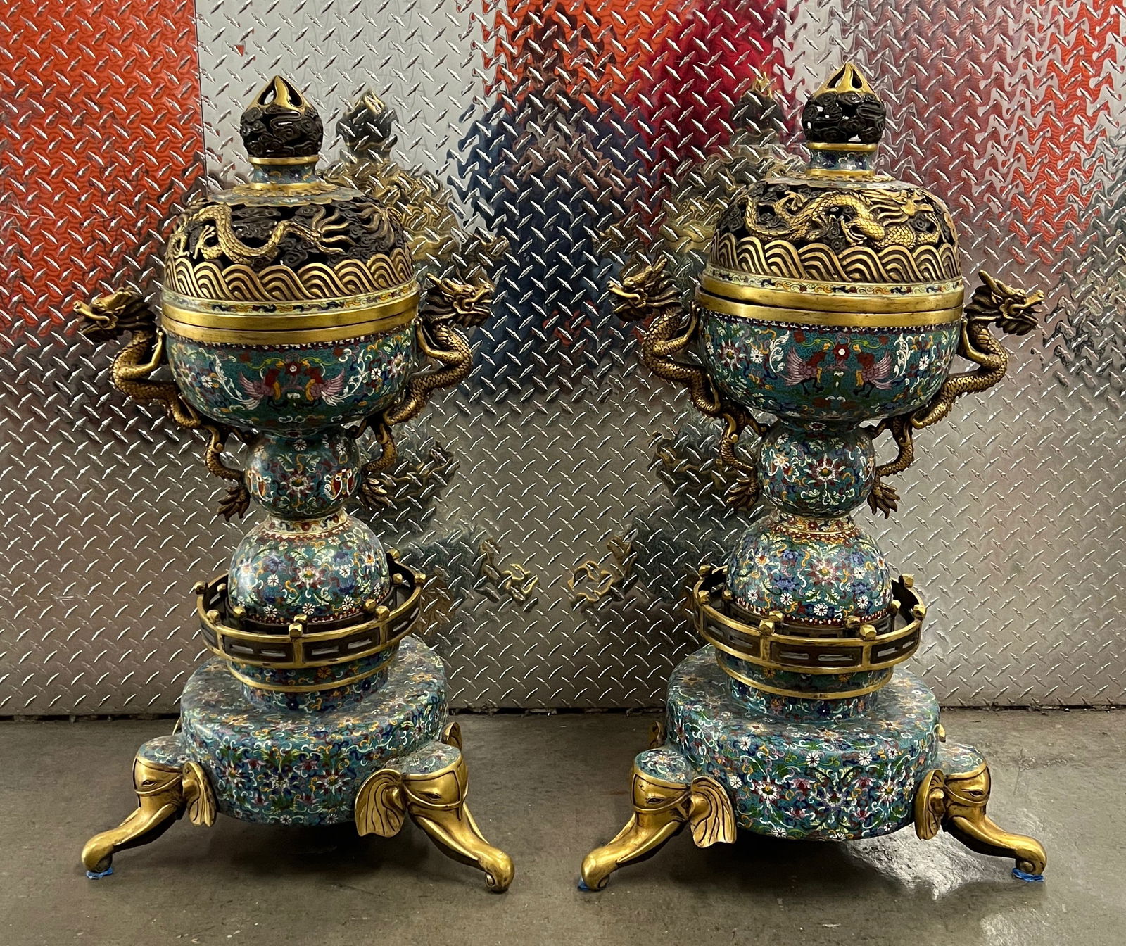 Pair of Very Large Cloisonne and Bronze Incense Burner: Chinese Art Pair of Very Large Cloisonne and Bronze Incense Burner. The dimension is 37 inches high x 20 inches wide. Please be aware that some of the items are vintage, secondhand, old ages,