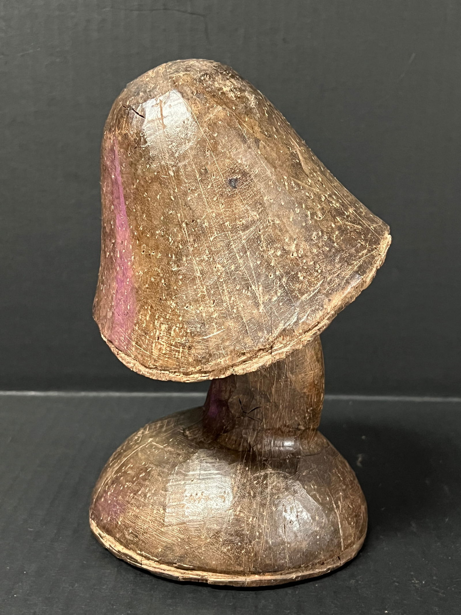 Carved Wood Mushroom Sculpture: Folk Art Carved Wood Mushroom Sculpture. The dimension is 8 inches high x 5 inches wide. Please be aware that some of the items are vintage, secondhand, old ages, antiques and may have a defects or si