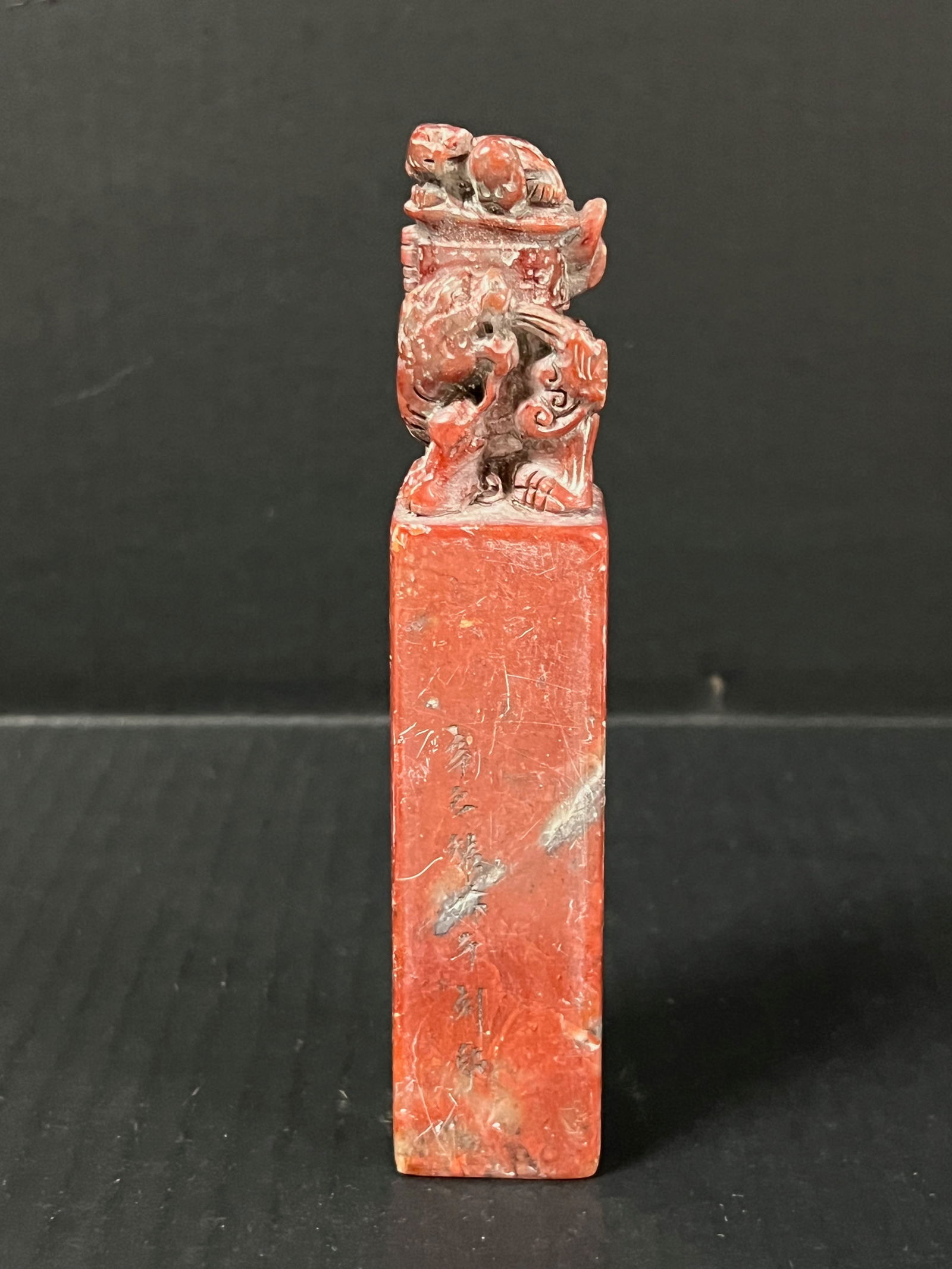Carved Soapstone Seal: Chinese Art Carved Soapstone Seal. The dimension is 6 inches high x 1.5 inches wide. Please be aware that some of the items are vintage, secondhand, old ages, antiques and may have a defects or sign o