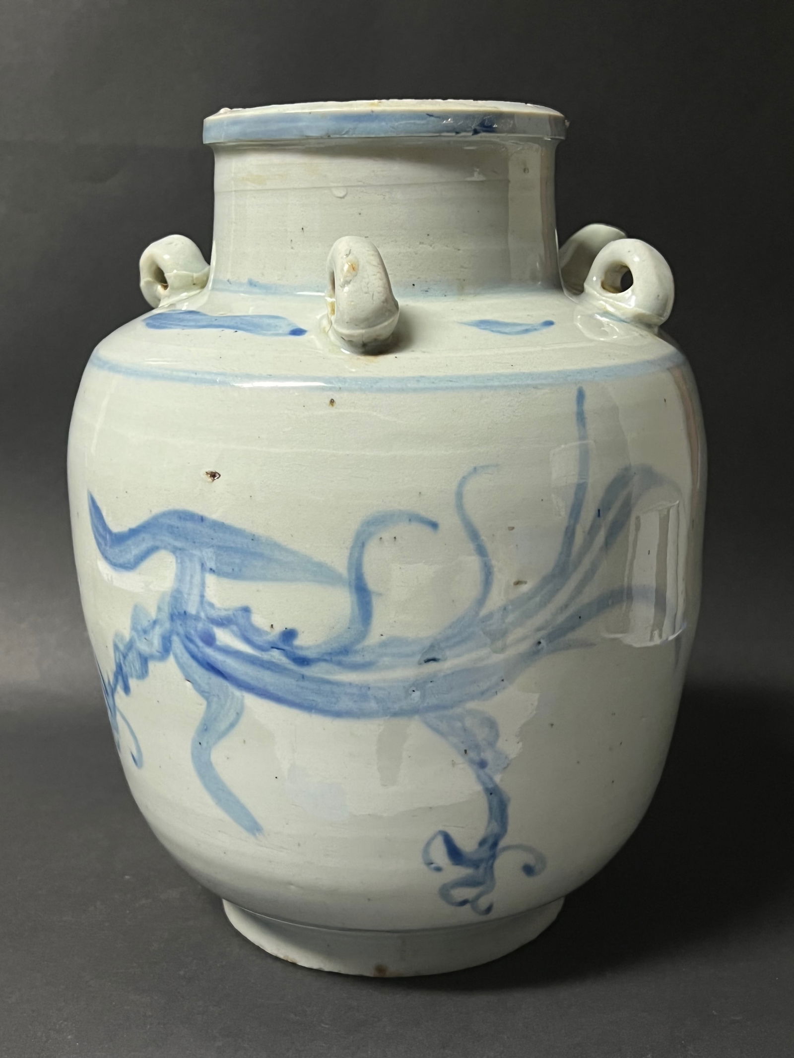 Blue and White Porcelain Oil Pot: Chinese Art Blue and White Porcelain Oil Pot. The dimension is 10.5 inches high x 8.5 inches wide. Please be aware that some of the items are vintage, secondhand, old ages, antiques and may have a def