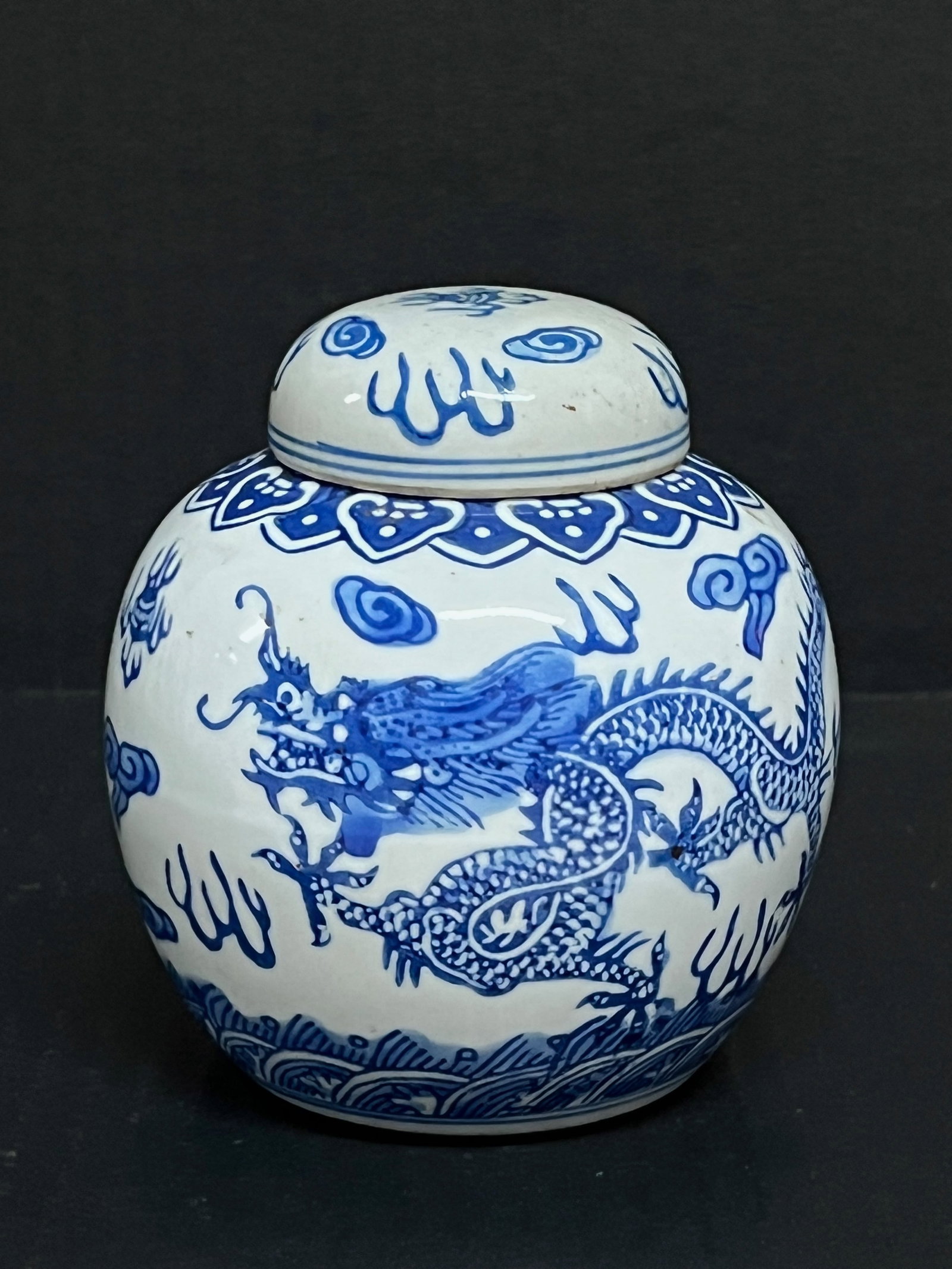 Porcelain Blue and White Covered Jar: Chinese Art Porcelain Blue and White Covered Jar. The dimension is 4.5 inches high x 4.5 inches wide. Please be aware that some of the items are vintage, secondhand, old ages, antiques and may have a