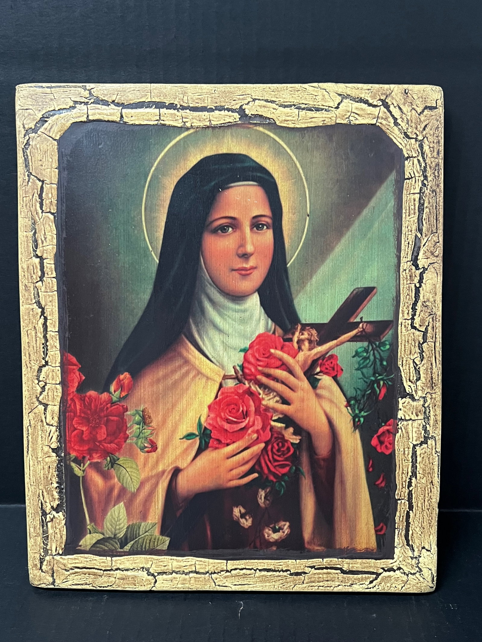 Religious Art Carved Wood and Printed Icon: Religious Art Carved Wood And Printed Icon. The dimension is 12 inches high x 10 inches wide. Please be aware that some of the items are vintage, secondhand, old ages, antiques and may have a defects