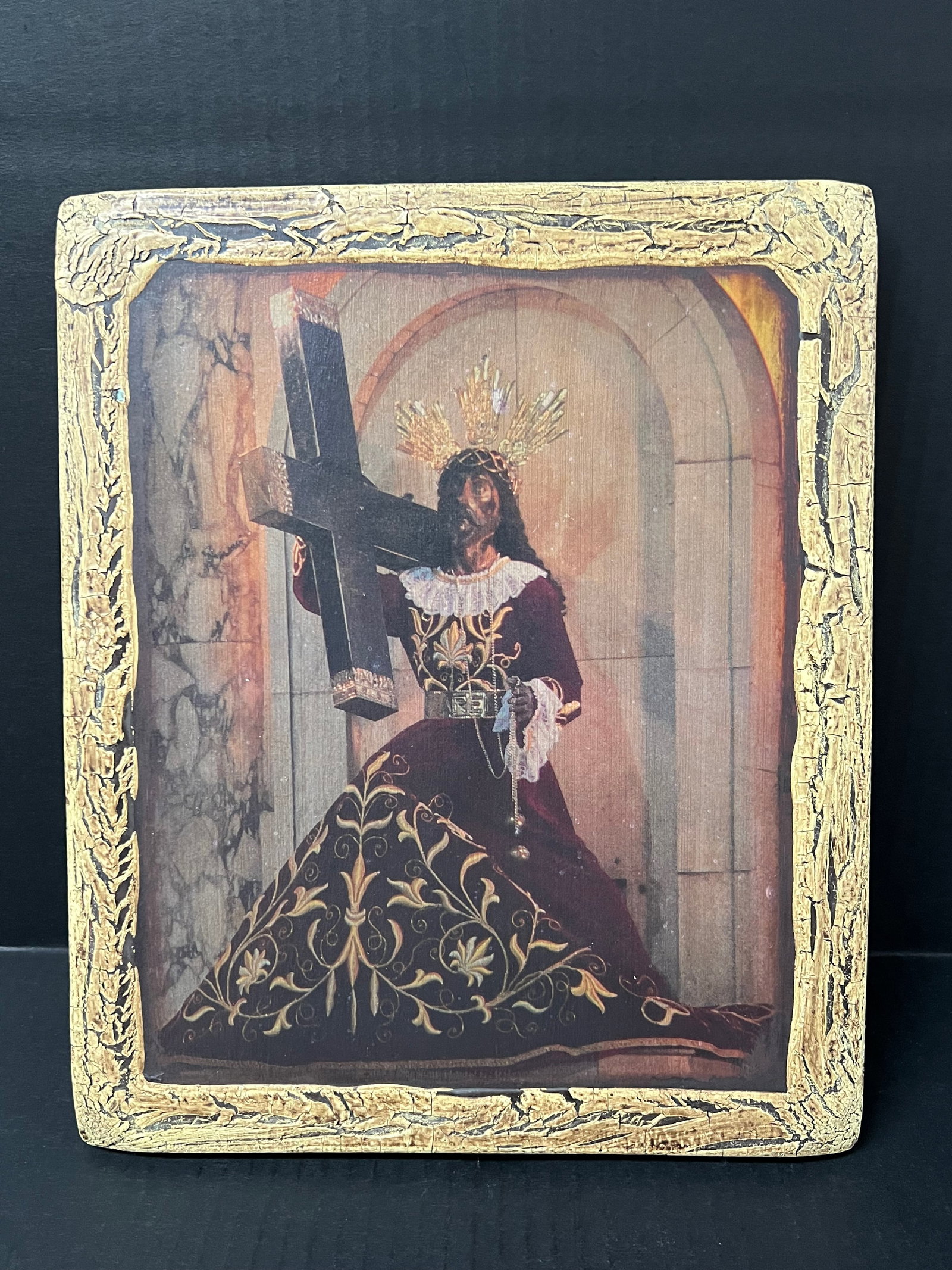Religious Art Carved Wood and Printed Icon: Religious Art Carved Wood And Printed Icon. The dimension is 12 inches high x 10 inches wide. Please be aware that some of the items are vintage, secondhand, old ages, antiques and may have a defects
