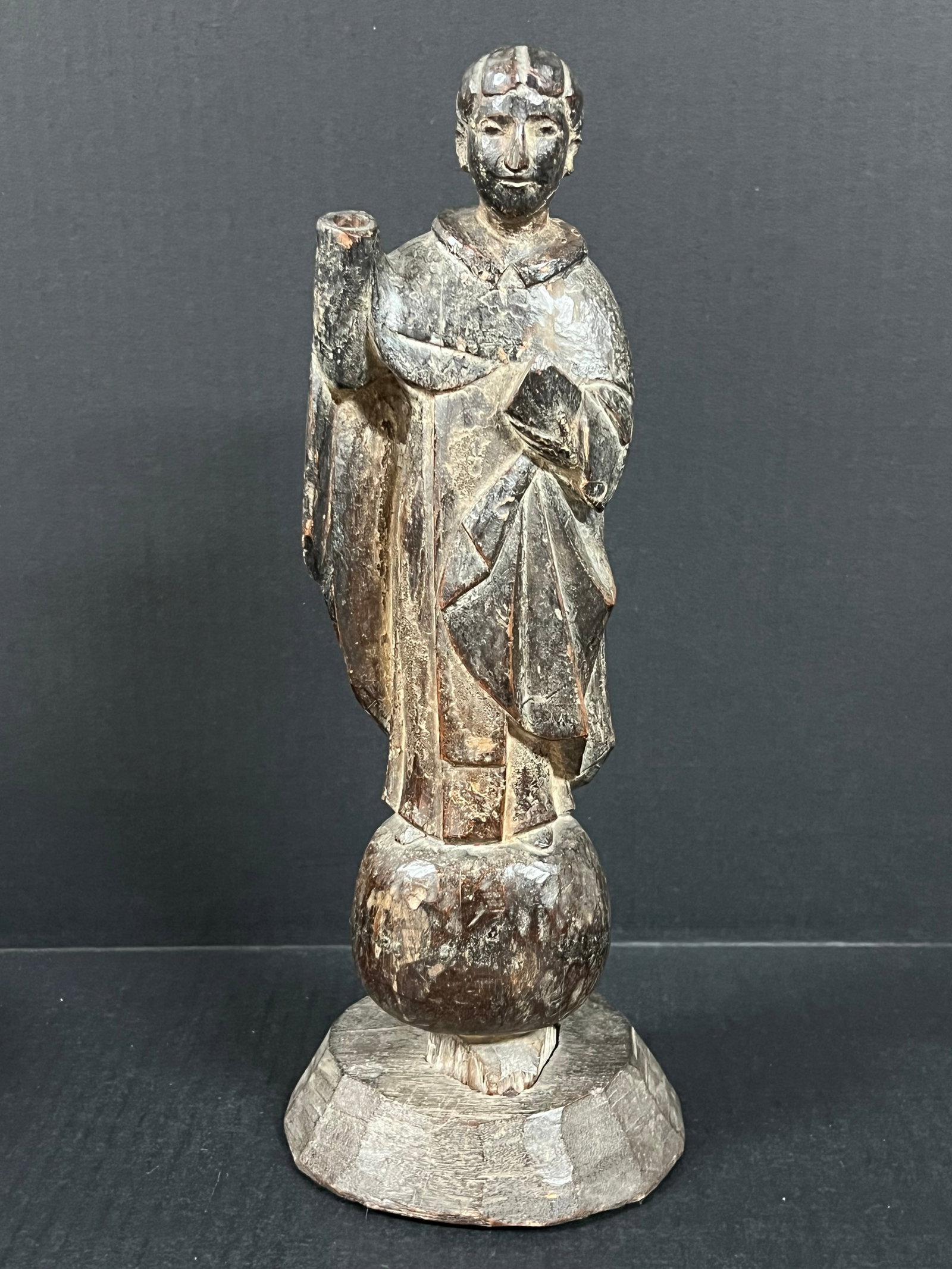 19th Century Carved Wood Colonial Saint: Religious Art Carved Wood 19th Century Colonial Saint. The dimension is 13.75 inches high x 5.25 inches wide. Please be aware that some of the items are vintage, secondhand, old ages, antiques and may