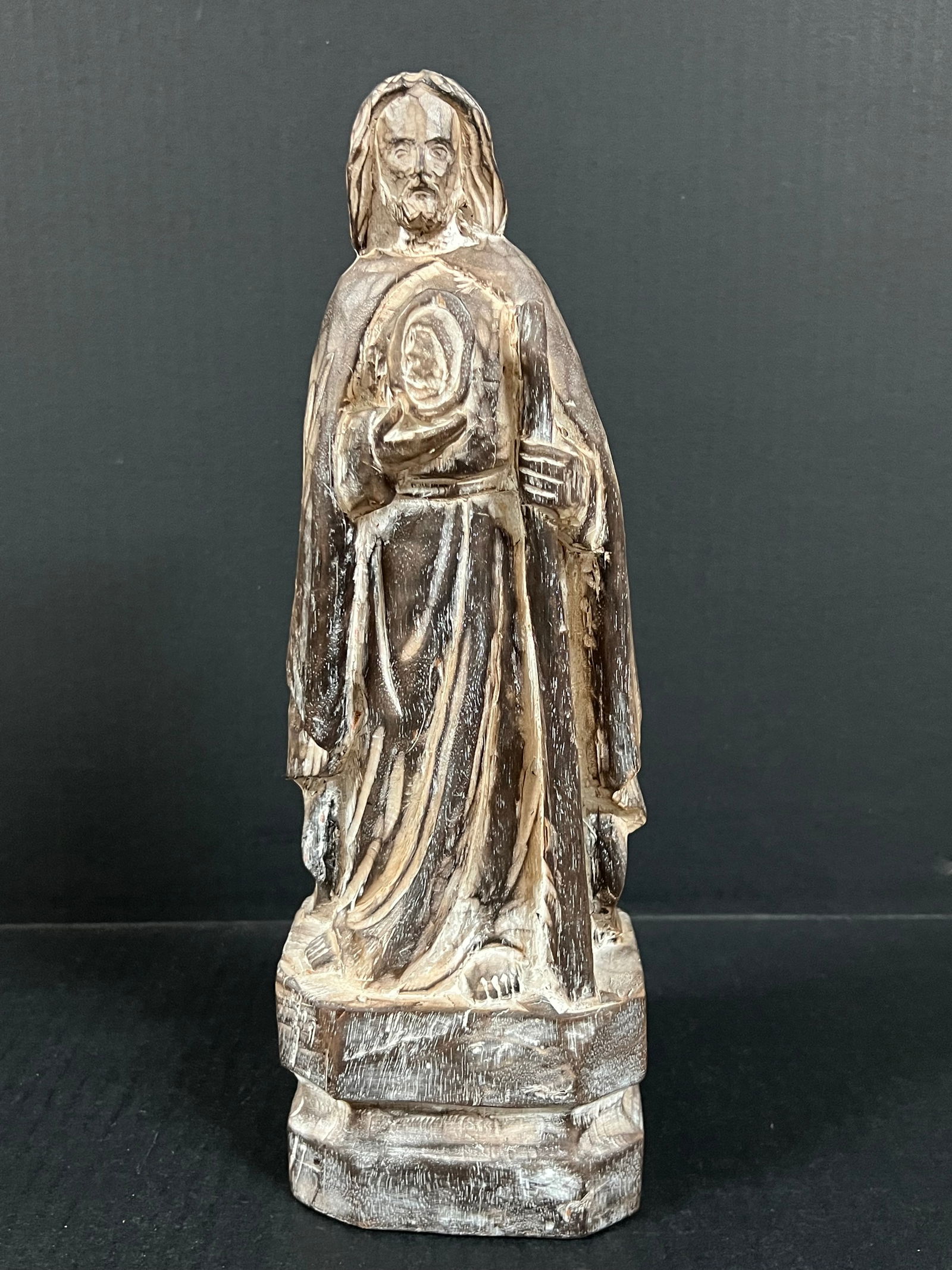 Carved Wood Saint Jude: Religious Art Carved Wood Saint Jude. The dimension is 12.5 inches high x 4.25 inches wide. Please be aware that some of the items are vintage, secondhand, old ages, antiques and may have a defects or