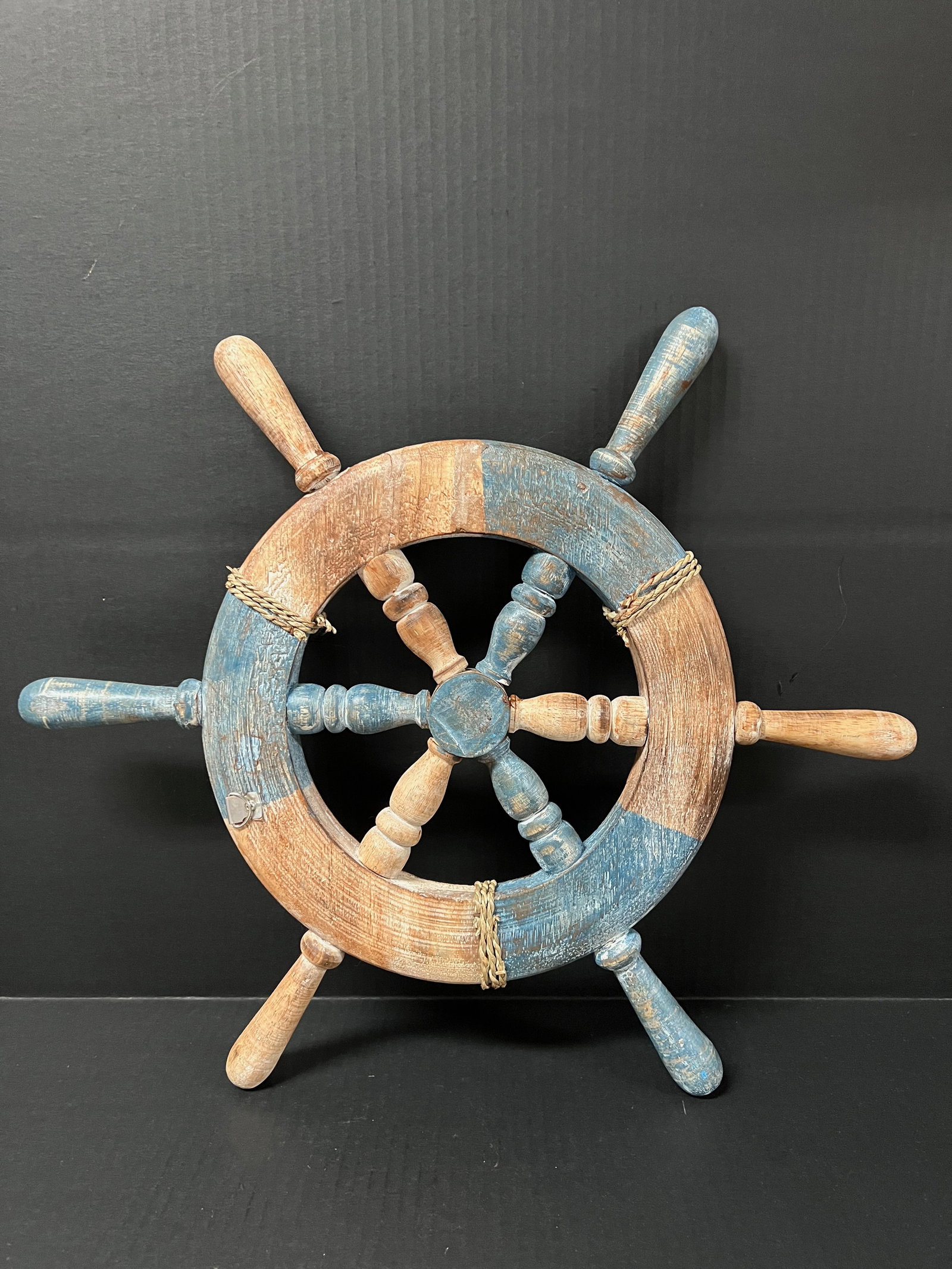 Carved Wood Painted Ship Steering Wheel Sculpture: Carved Wood Painted Ship Steering Wheel Sculpture. The dimension is 13 inches high x 13 inches wide. Please be aware that some of the items are vintage, secondhand, old ages, antiques and may have a