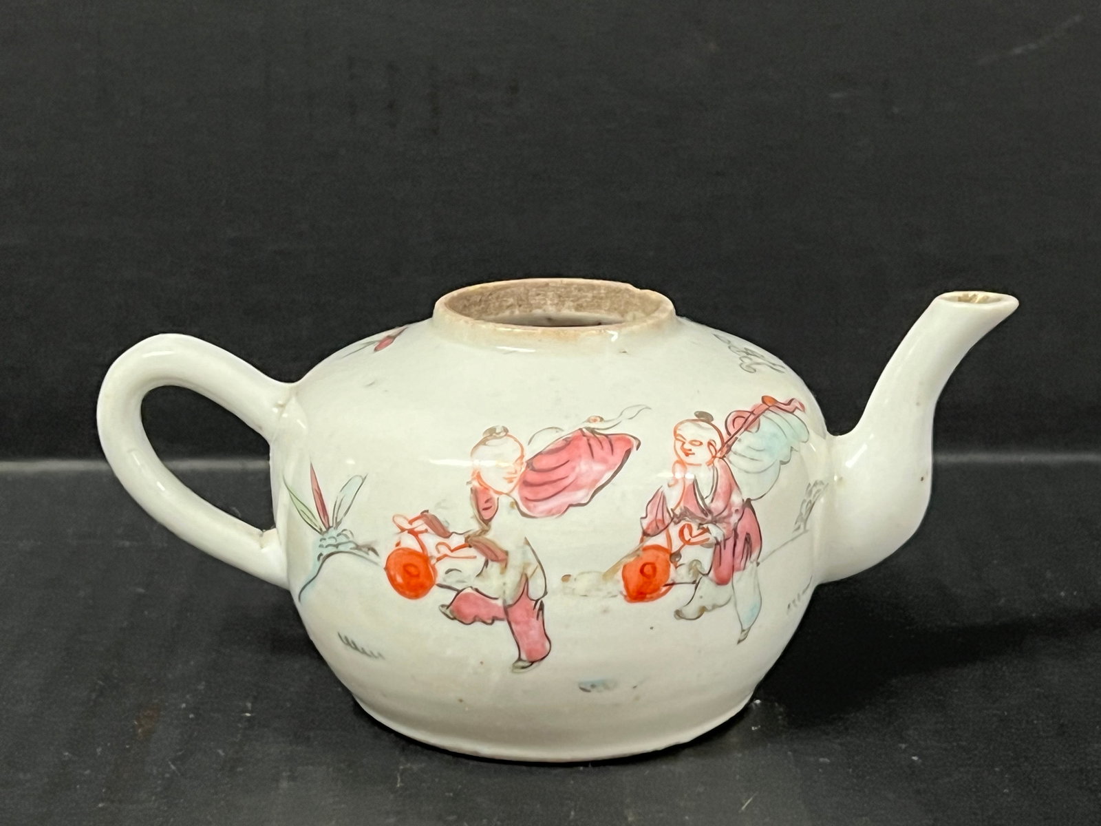 Chinese Art Porcelain Tea Pot No Cover: Chinese Art Porcelain Tea Pot No Cover. The dimension is 3 inches high x 5 inches wide. Please be aware that some of the items are vintage, secondhand, old ages, antiques and may have a defects or