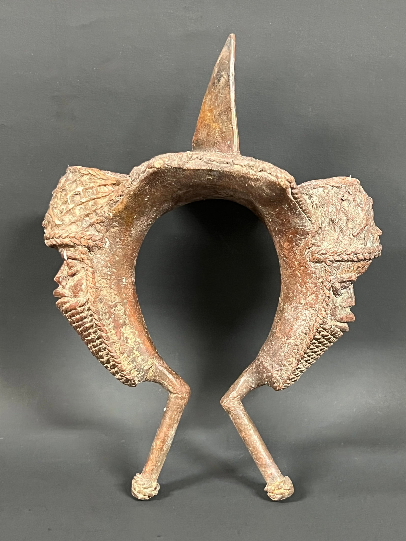 Benin Bronze Currency: African Tribal Art Benin Bronze Currency. The dimension is 8 inches high x 3.5 inches depth x 6.25 inches wide. Please be aware that some of the items are vintage, secondhand, old ages, antiques and