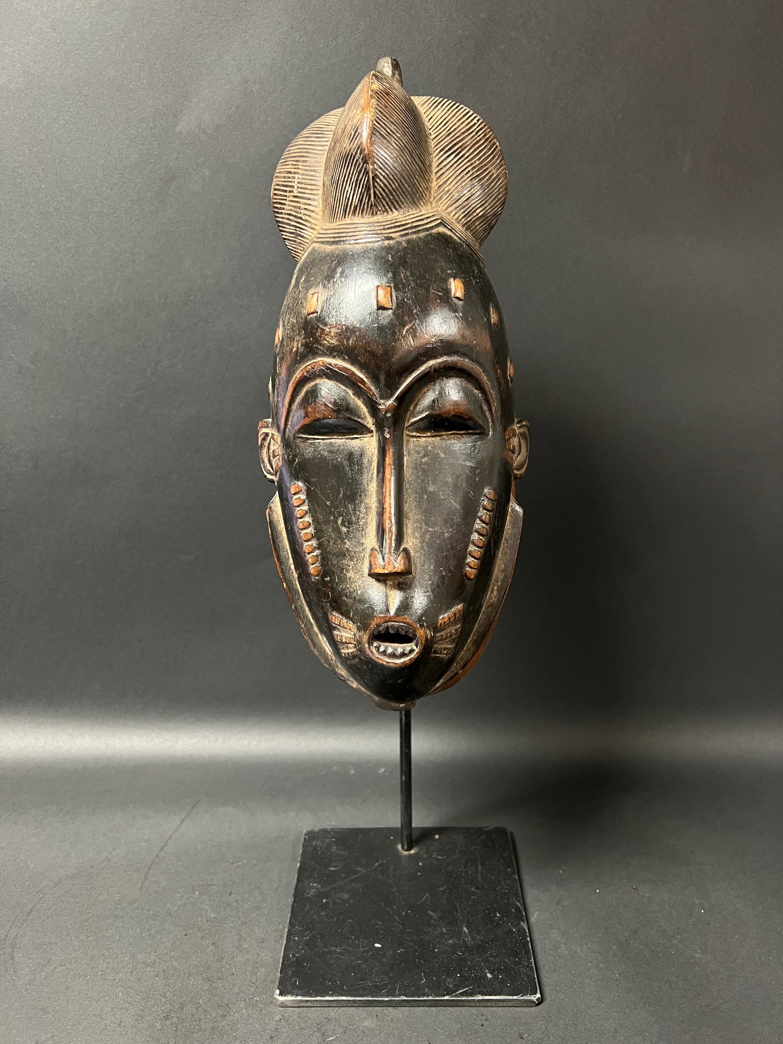 Carved Wood Baule Mask with Display Stand (1 of 9)